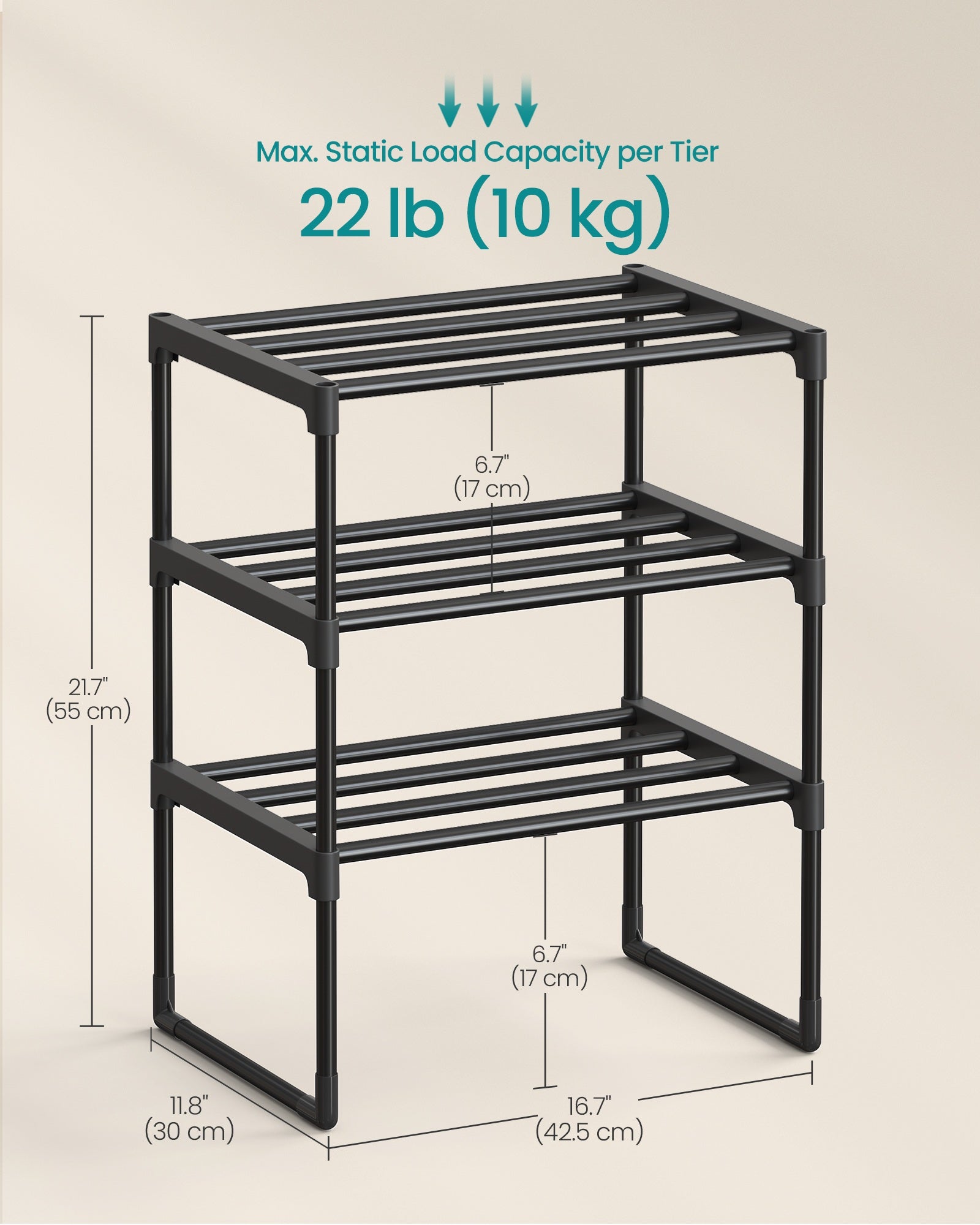 Shoe Rack - 3-Tier Shoe Organizer - Metal Storage Shelf - Black