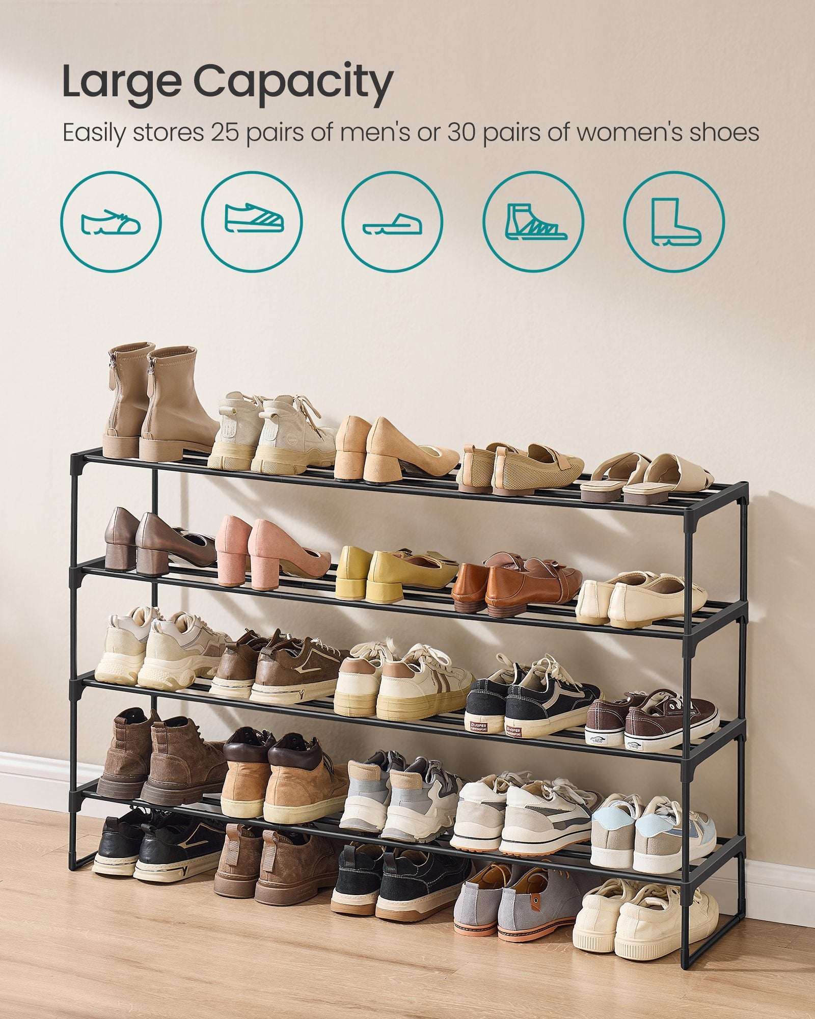 Shoe Rack 4-Tier Shoe Organizer 11.8 x 46.1 x 29.5 Inches Black