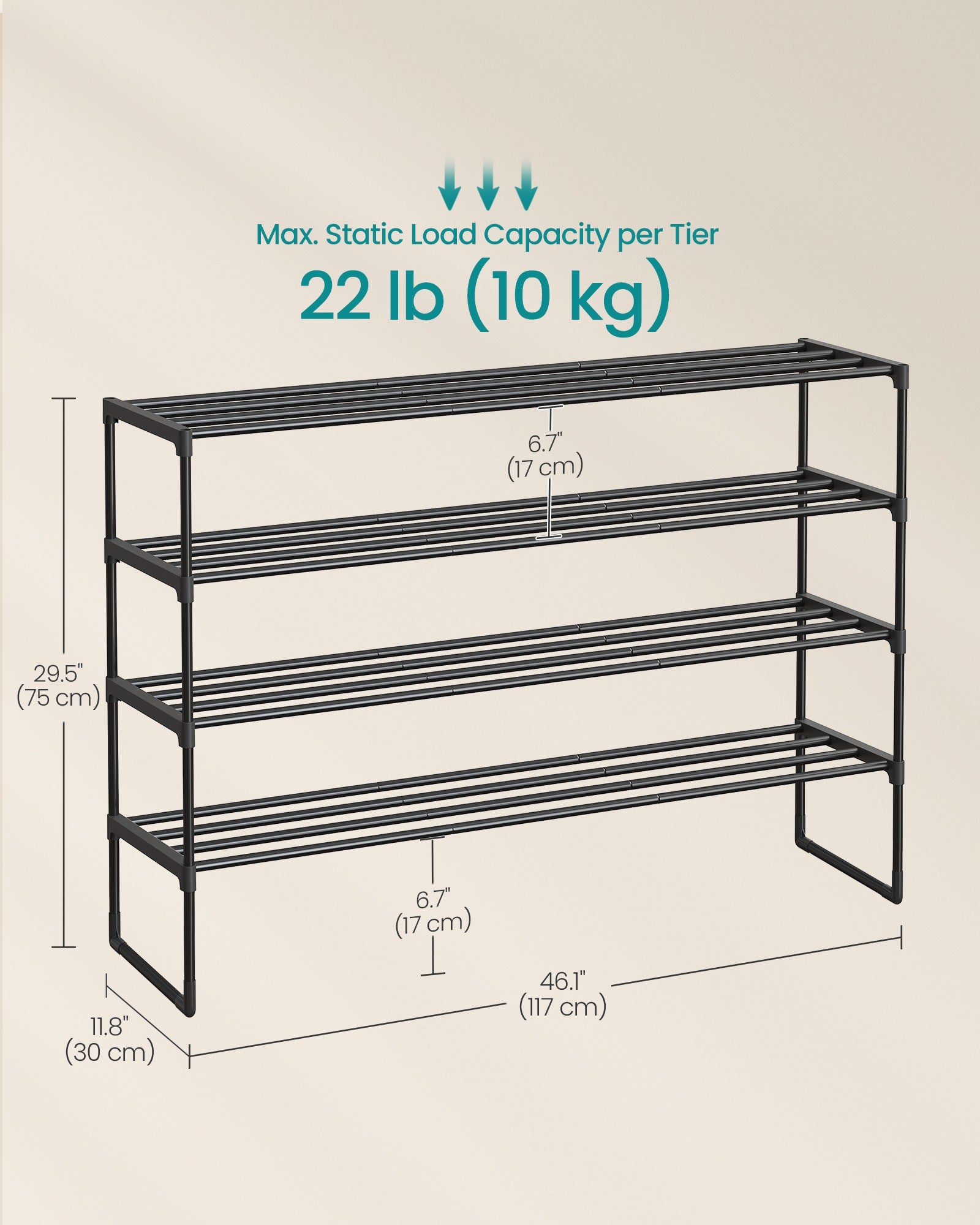 Shoe Rack 4-Tier Shoe Organizer 11.8 x 46.1 x 29.5 Inches Black