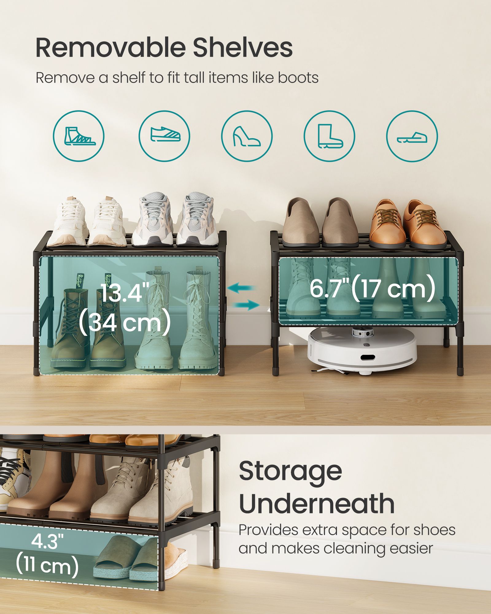 Shoe Rack for Closet - Compact Metal Shoe Organizer Shelf for Entryway - Black