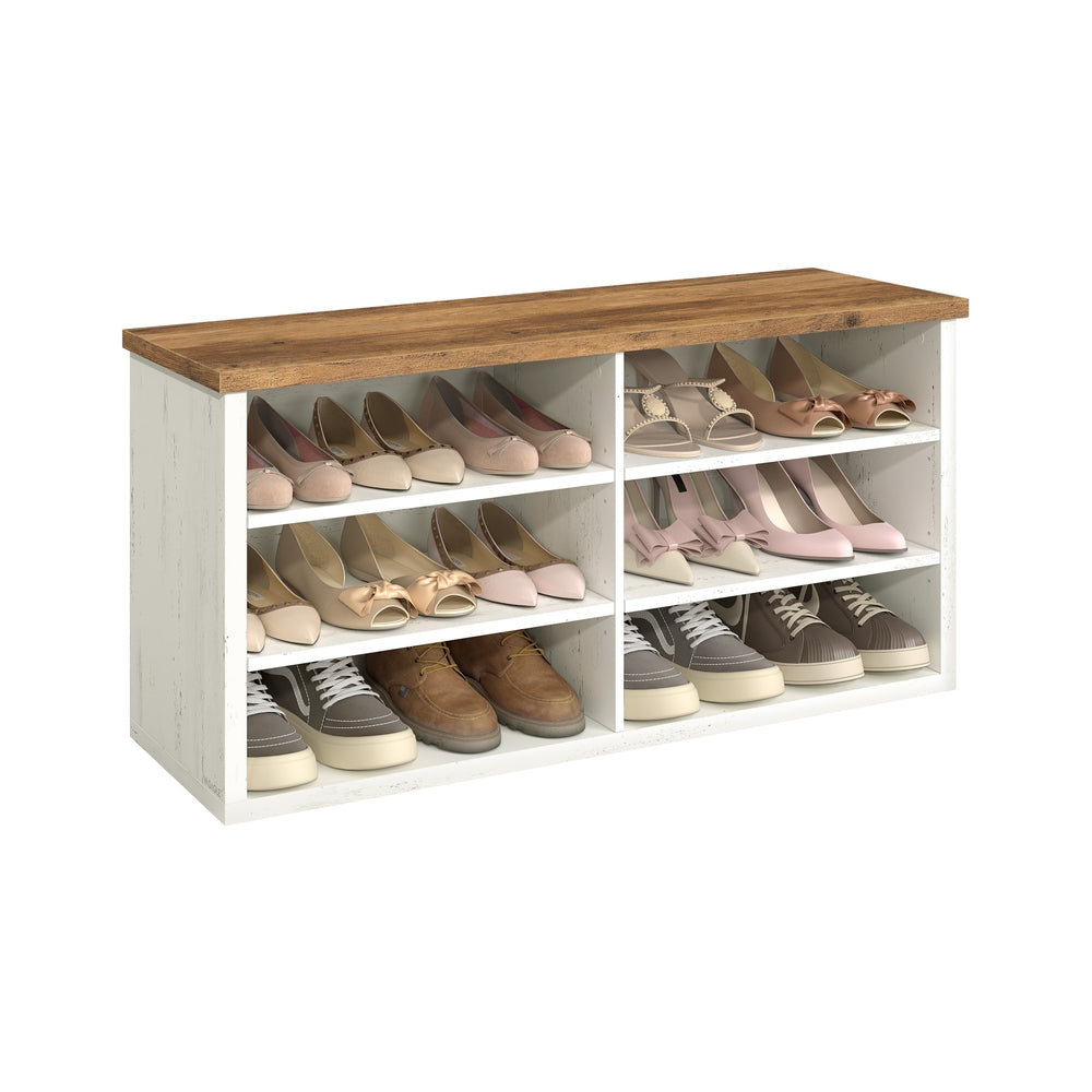Shoe Bench - 6 Compartments - 39 Inch - Entryway Storage Bench - White + Brown