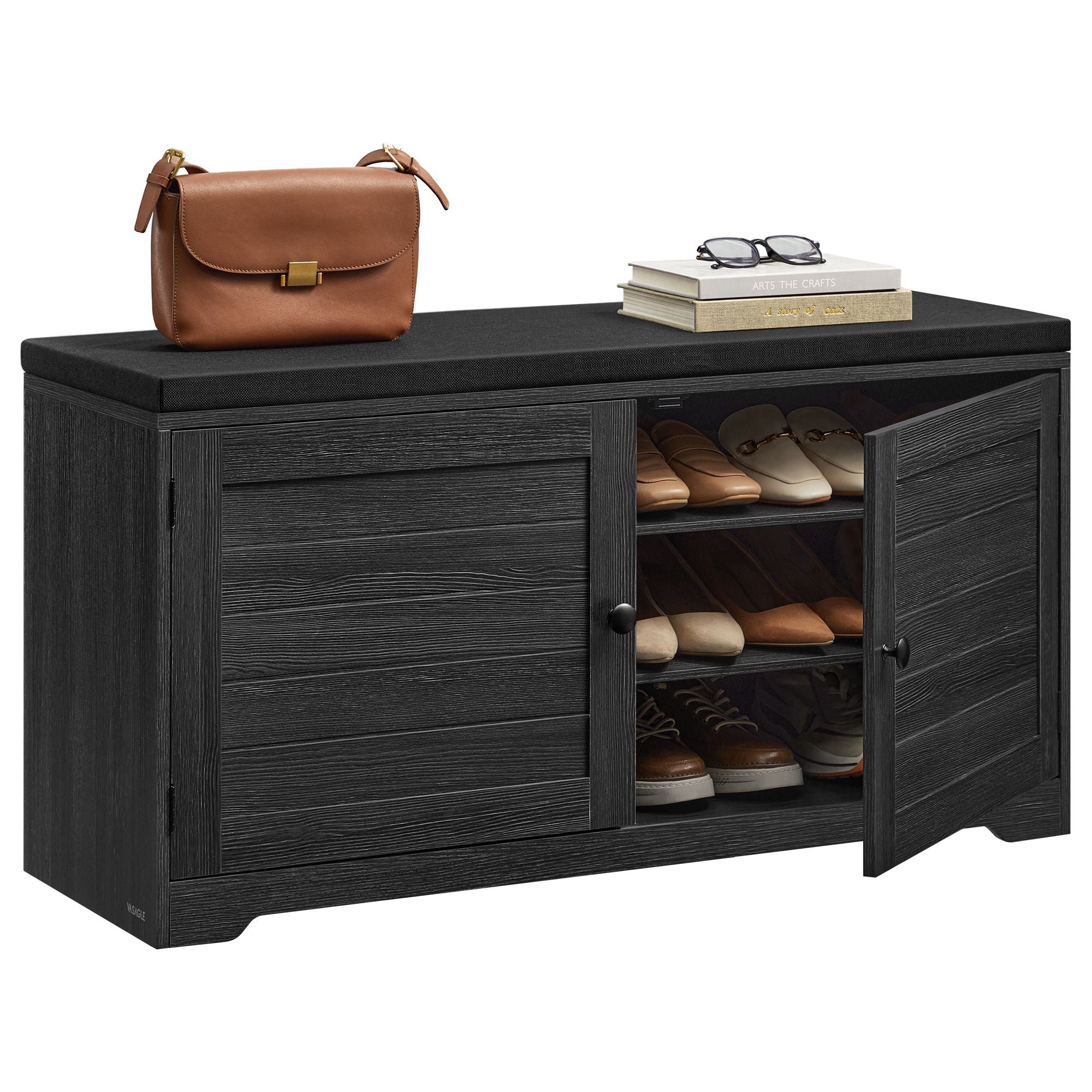 Shoe Storage Bench with Cushion - 3-Tier Entryway Bench with Padded Seat - Black