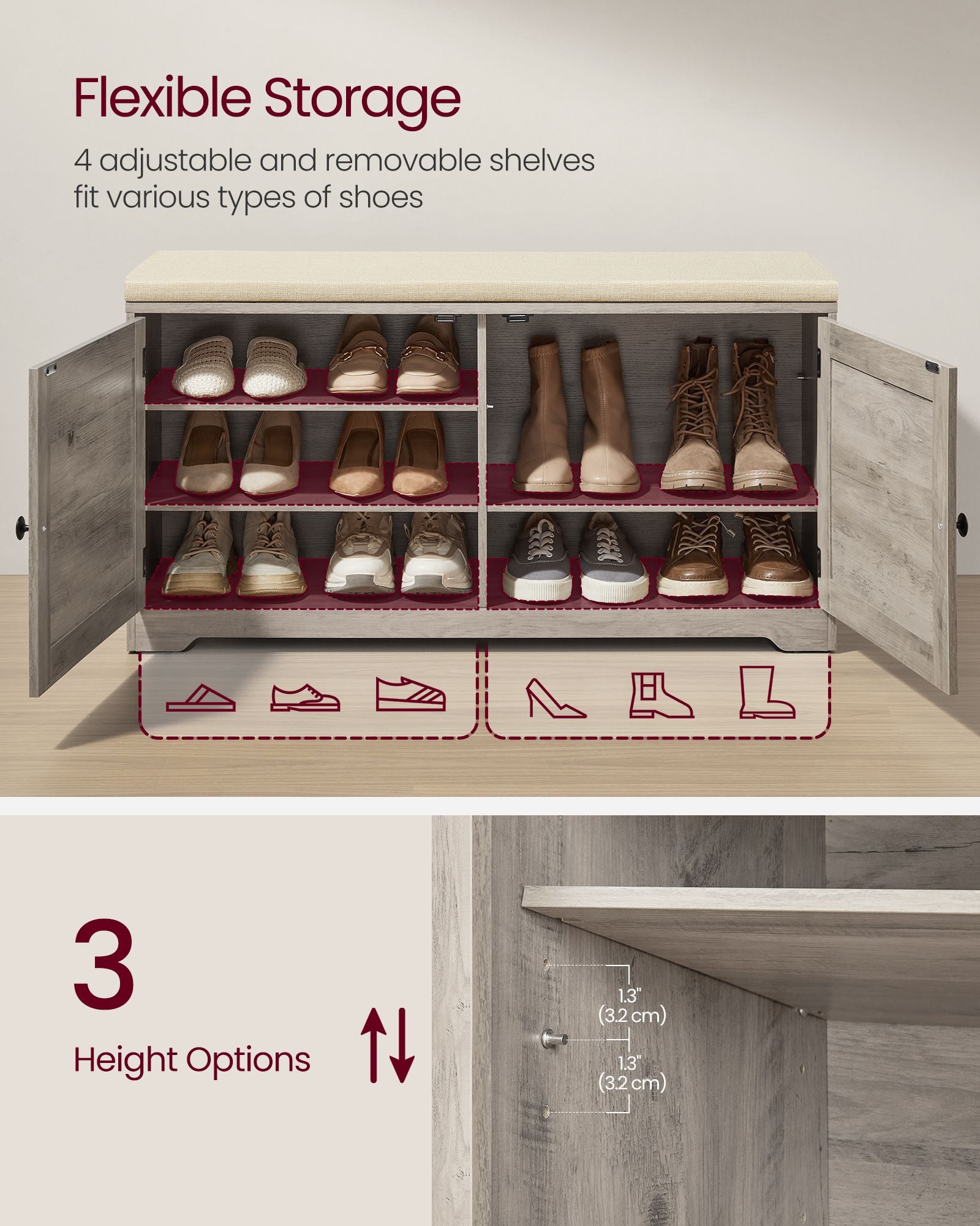 Shoe Storage Bench with Cushion - 3-Tier Entryway Bench with Padded Seat - Greige