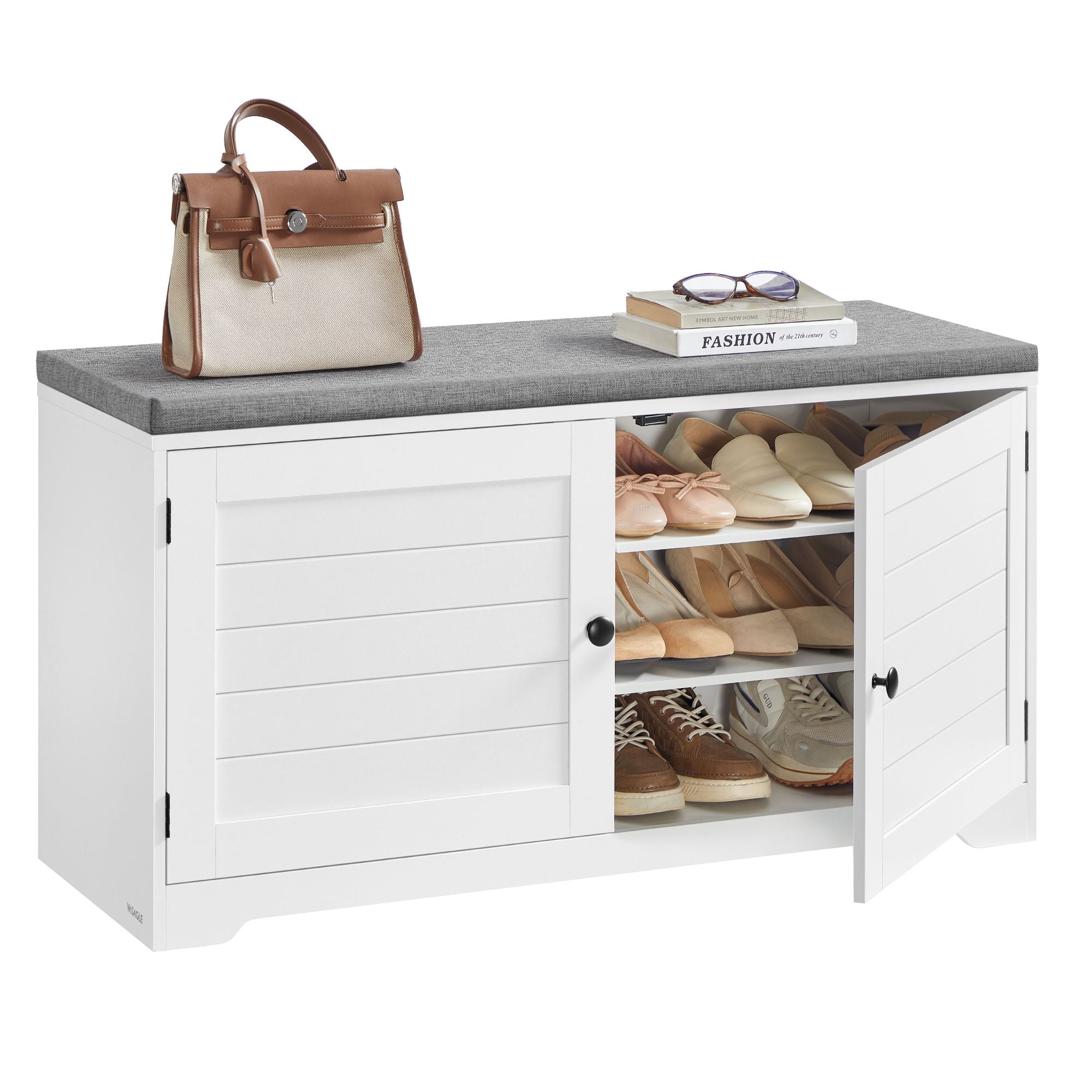 Shoe Storage Bench with Cushion - 3-Tier Entryway Bench with Padded Seat - White