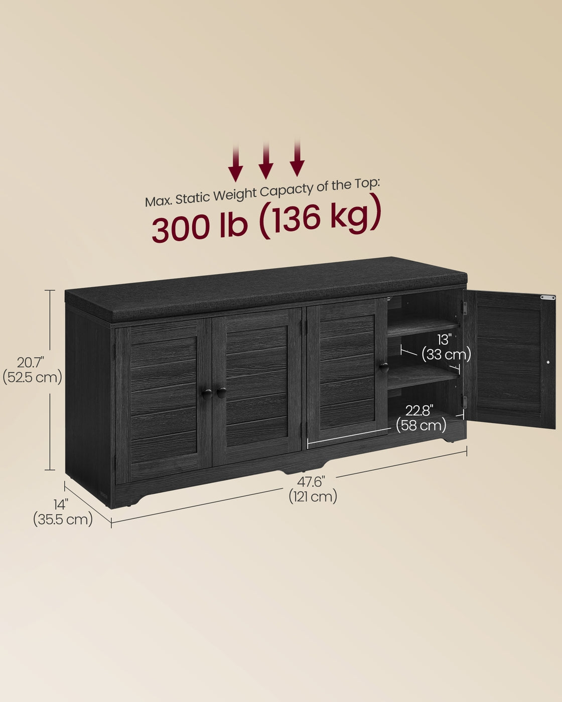 Shoe Storage Bench with Cushion - 3-Tier Entryway Bench with Padded Seat