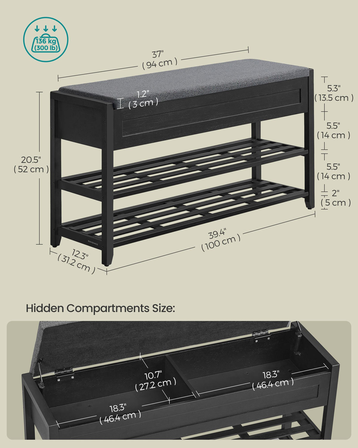 Storage Bench - Bamboo Shoe Rack - Entryway Furniture - 39.4 Inches Wide