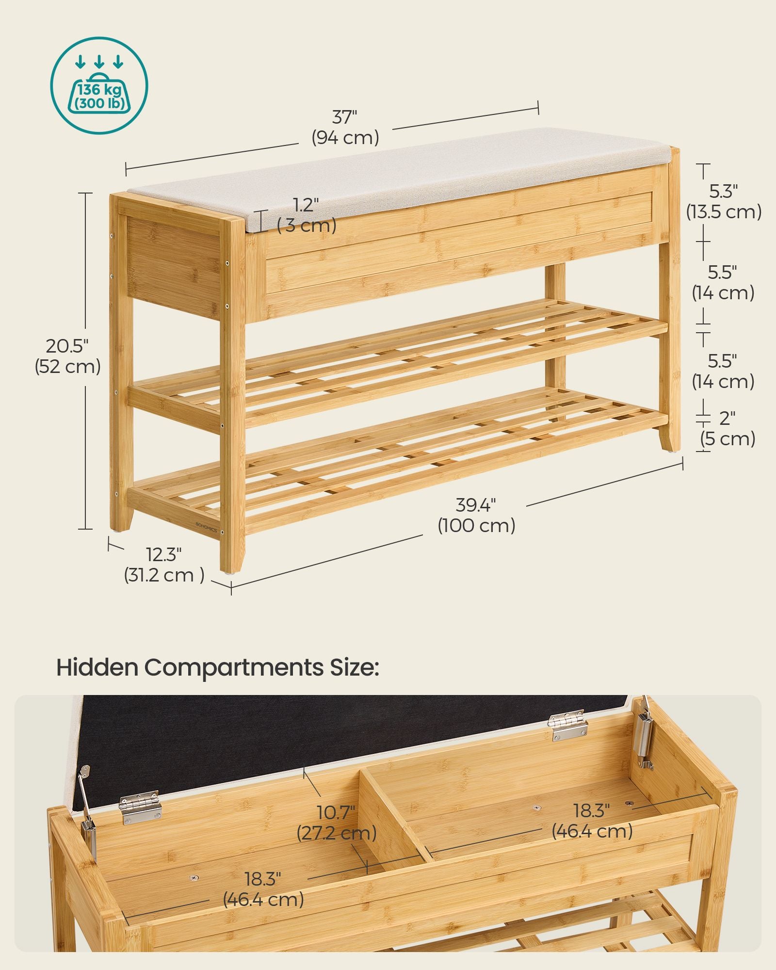 Storage Bench - Bamboo Shoe Rack - Entryway Furniture - 39.4 Inches Wide - Natural