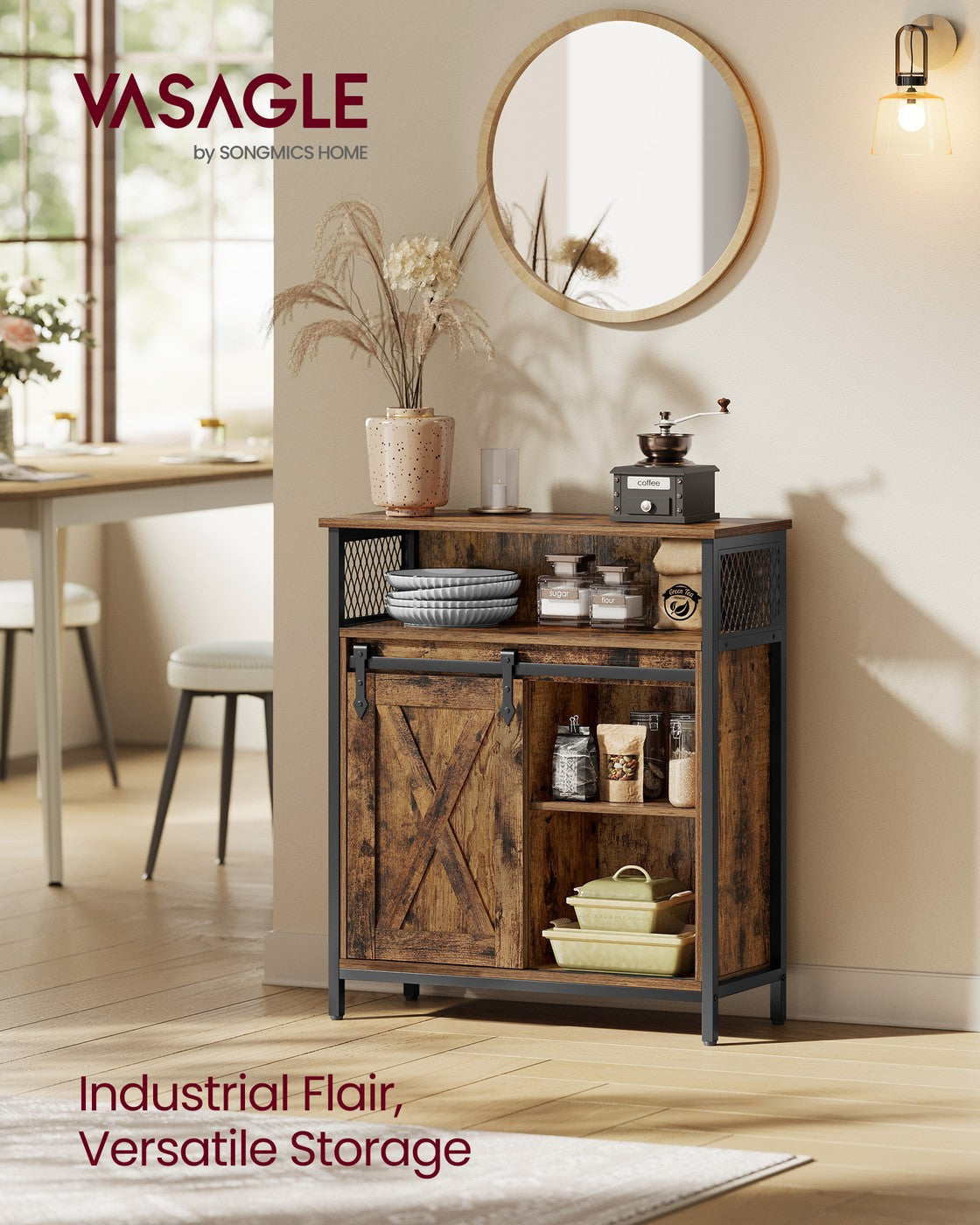 Buffet Cabinet with Open Compartment - Sliding Barn Door - Rustic Brown, Black