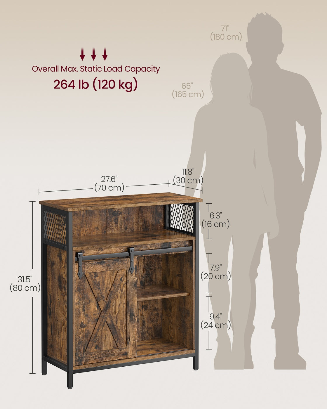 Buffet Cabinet with Open Compartment - Sliding Barn Door - Rustic Brown, Black