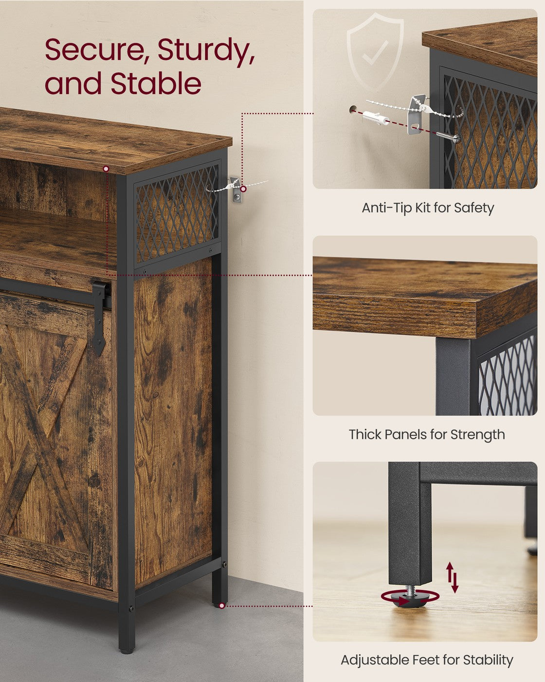Buffet Cabinet with Open Compartment - Sliding Barn Door - Rustic Brown, Black