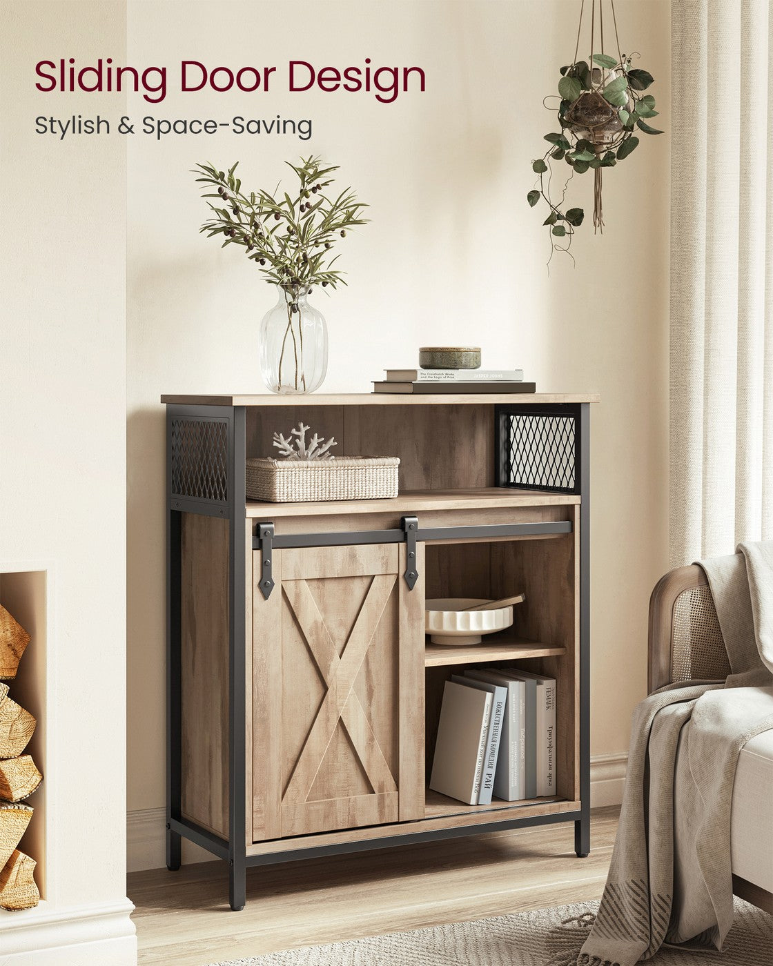 Buffet Cabinet with Open Compartment - Sliding Barn Door