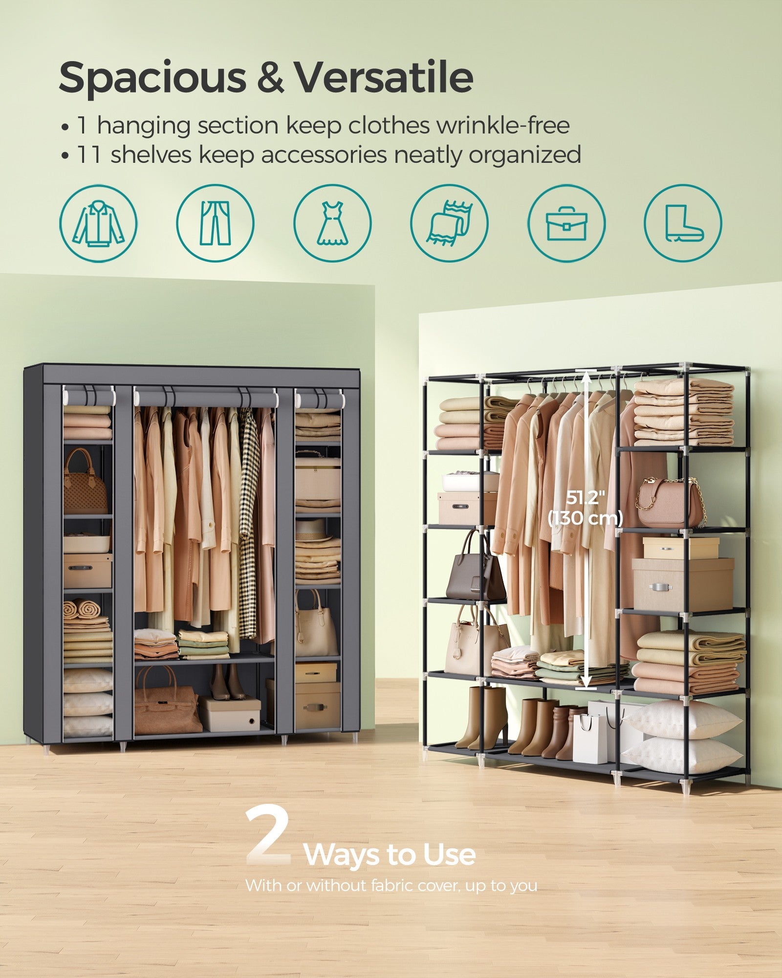 Closet Wardrobe with Non-Woven Fabric Cover - Grey