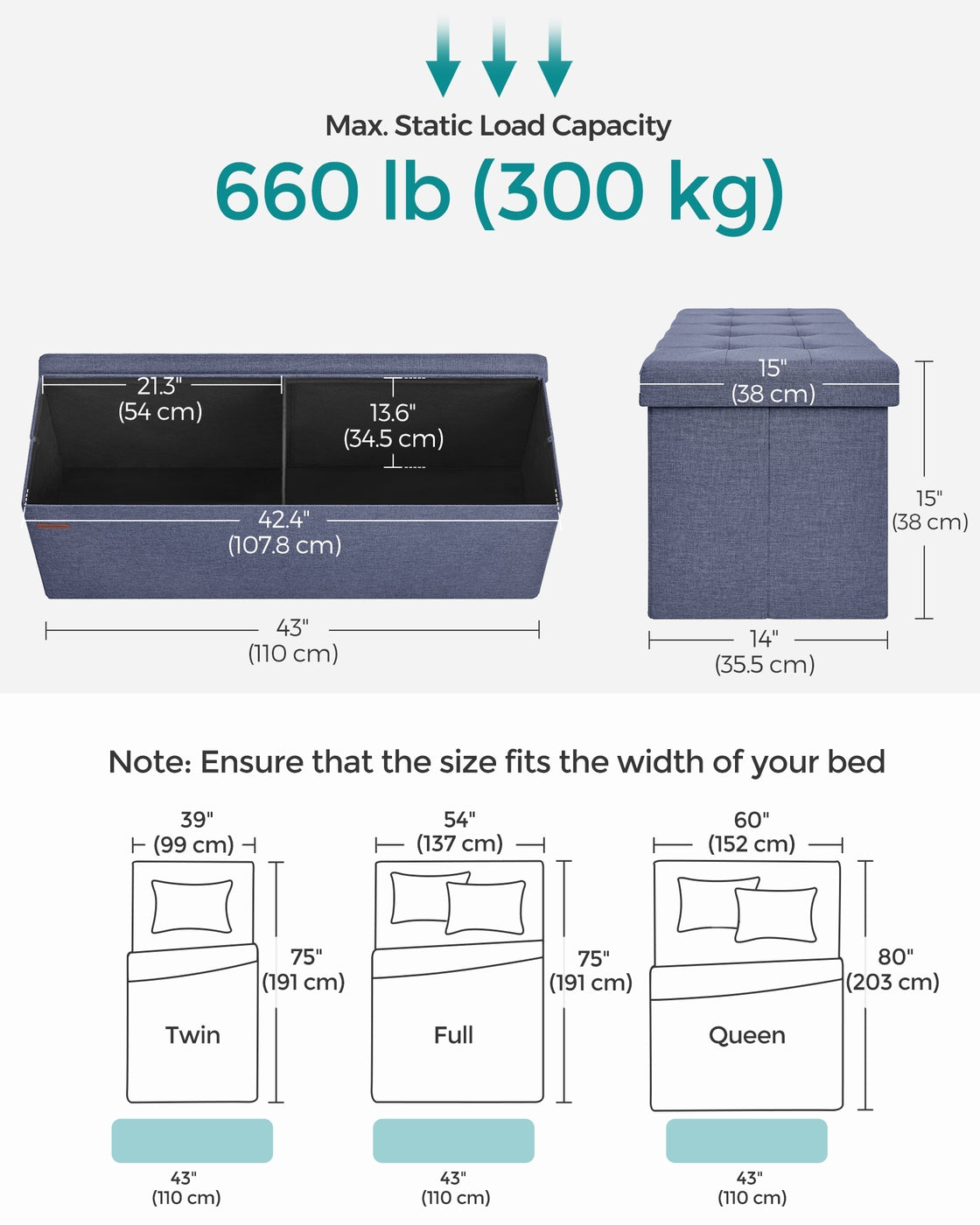 Folding Storage Ottoman Bench - 43 Inch - Linen-Look - 35 Gal