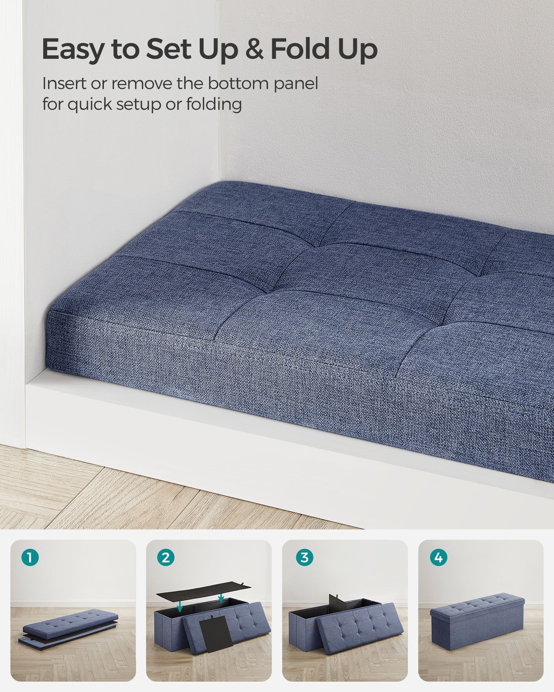 Folding Storage Ottoman Bench - 43 Inch - Linen-Look - 35 Gal