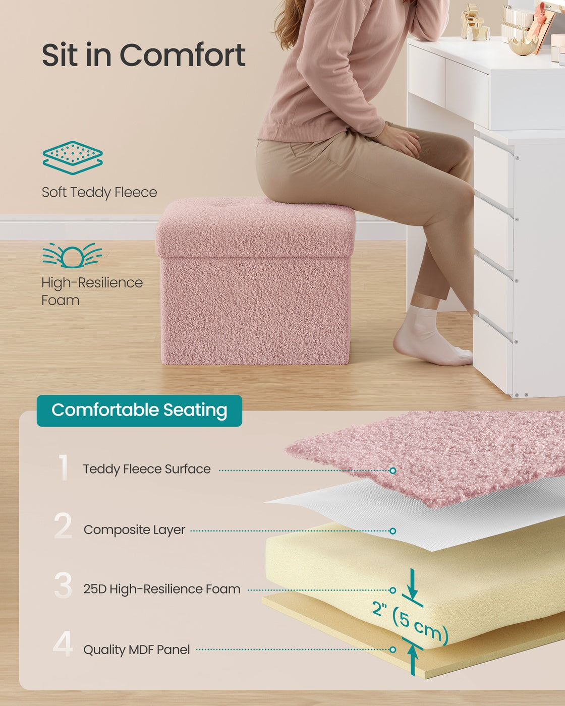 Small Folding Storage Ottoman - 12 Inch - Teddy Fleece Foot Rest