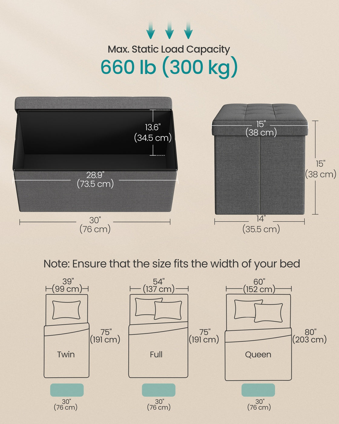 MAZIE Collection - 30 Inches Folding Storage Ottoman Bench