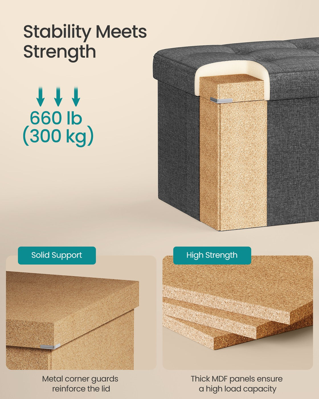 MAZIE Collection - 30 Inches Folding Storage Ottoman Bench