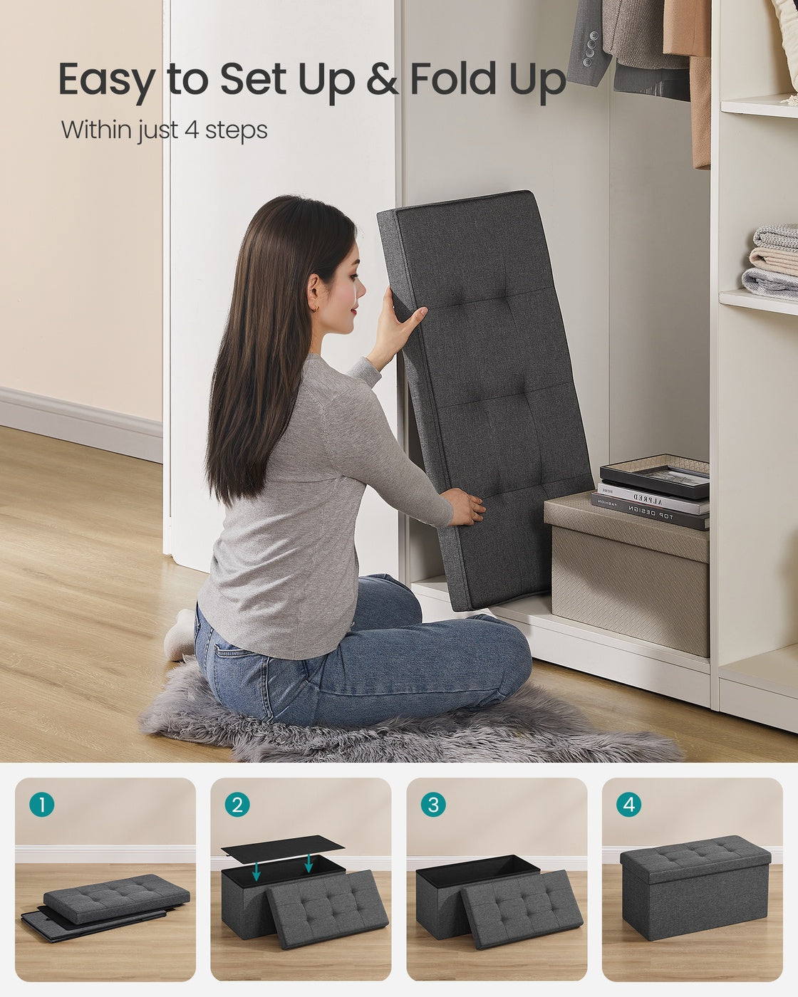 MAZIE Collection - 30 Inches Folding Storage Ottoman Bench