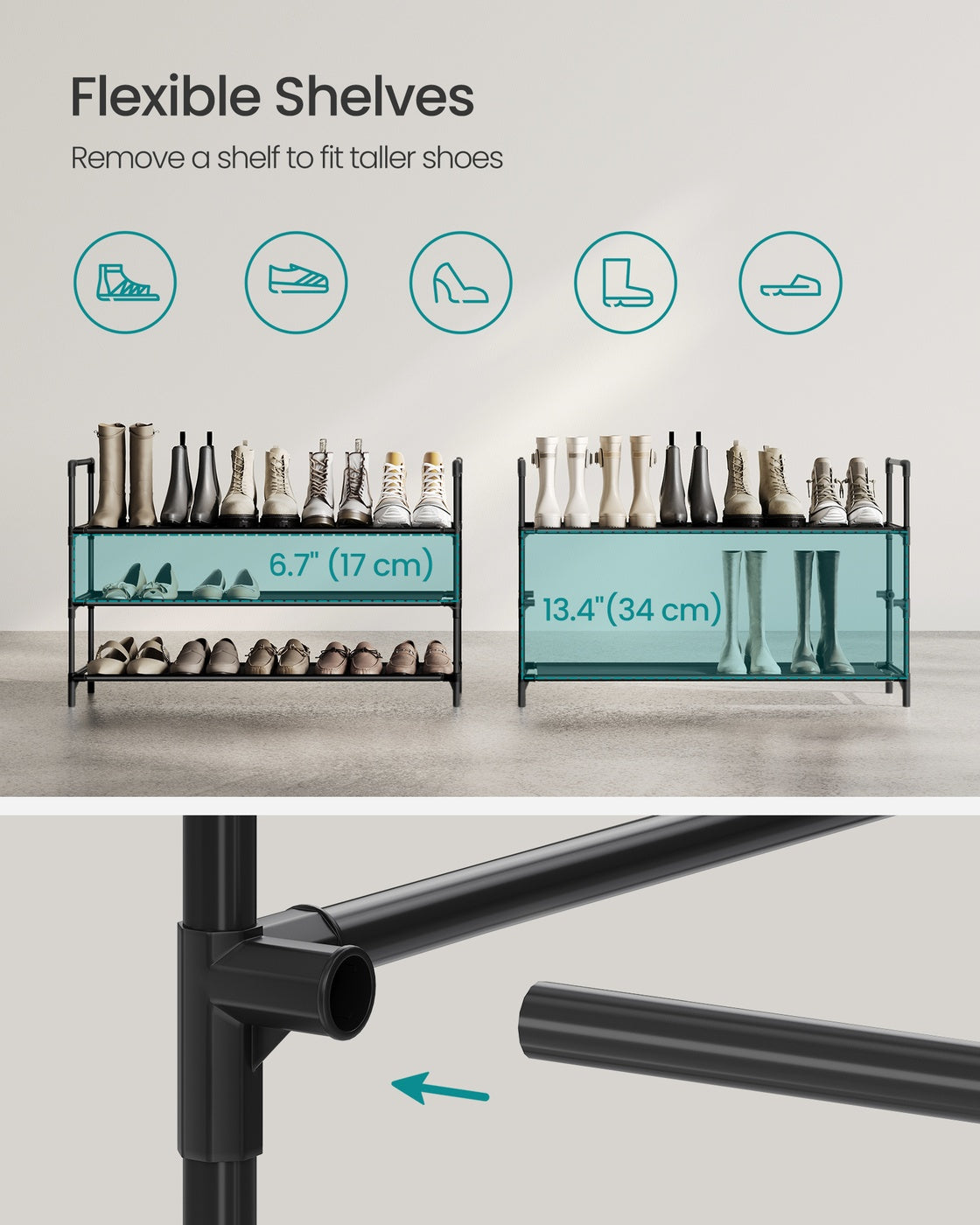 Slim Metal Shoe Rack - Fabric Shelves - For Hallway Closet