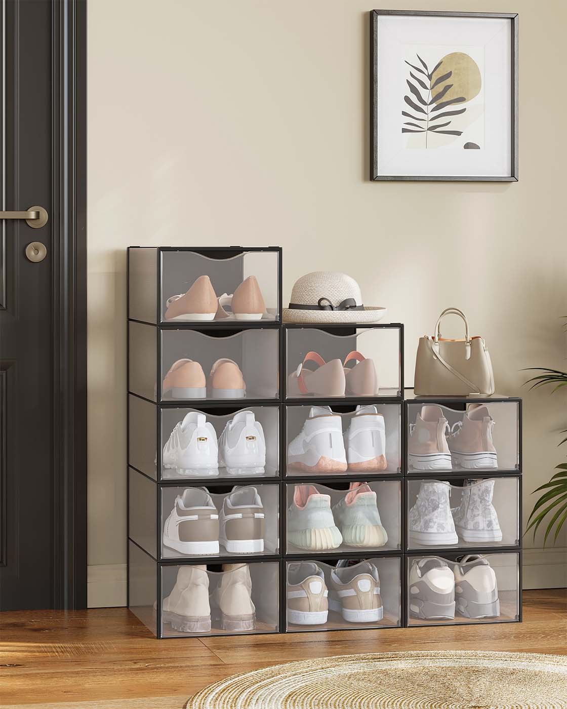 Stackable Shoe Boxes - Set of 12 Plastic Shoe Organizers with Door