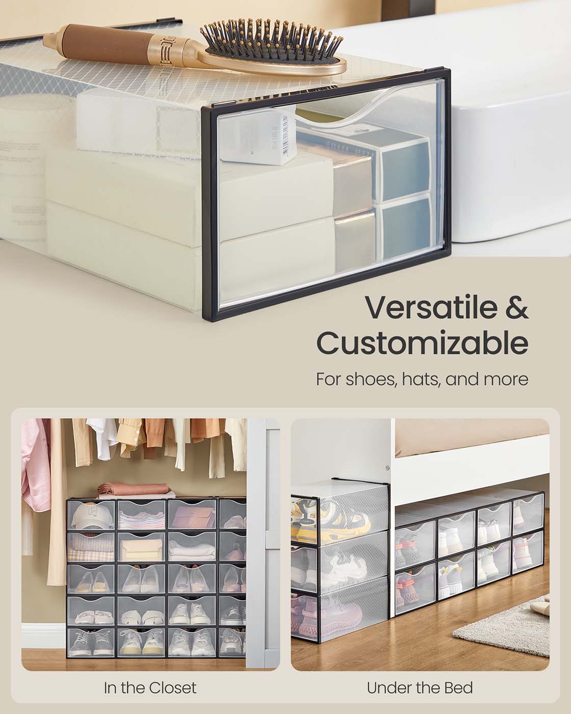 Stackable Shoe Boxes - Set of 12 Plastic Shoe Organizers with Door
