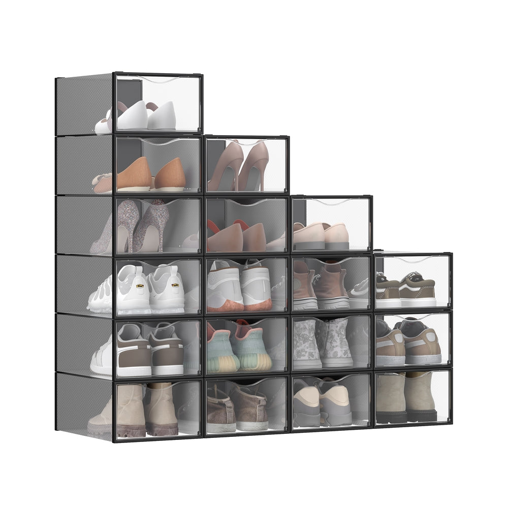 Stackable Clear Shoe Boxes - Set Of 18 - For Closet Or Entryway - Black Trim