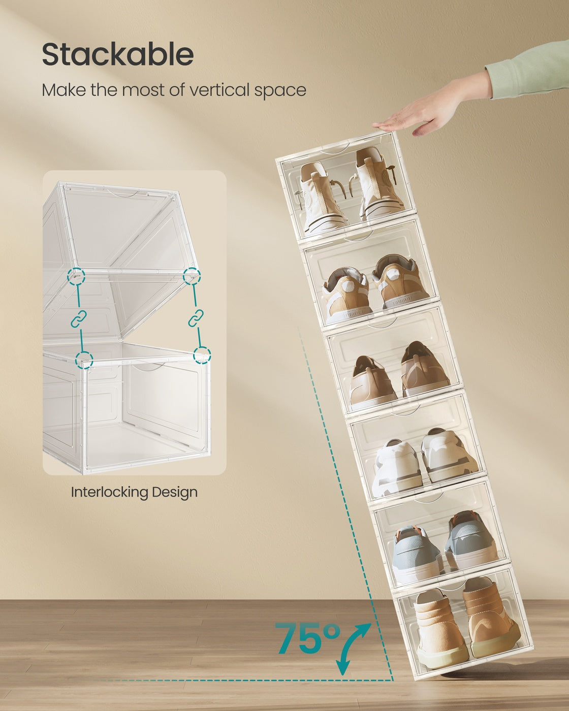 Clear Shoe Boxes - Set Of 6 - Fits Up To US Size 13 - Stackable