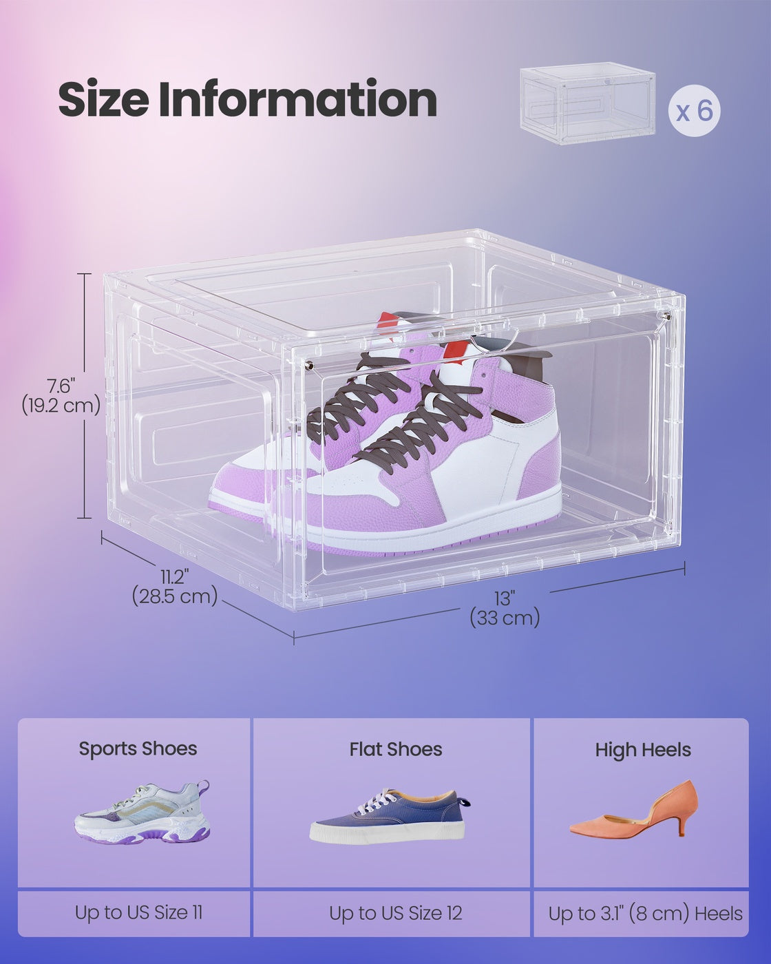 Shoe Boxes Set of 6 13 x 11.2 x 7.6 Inches Transparent White - Transparent White