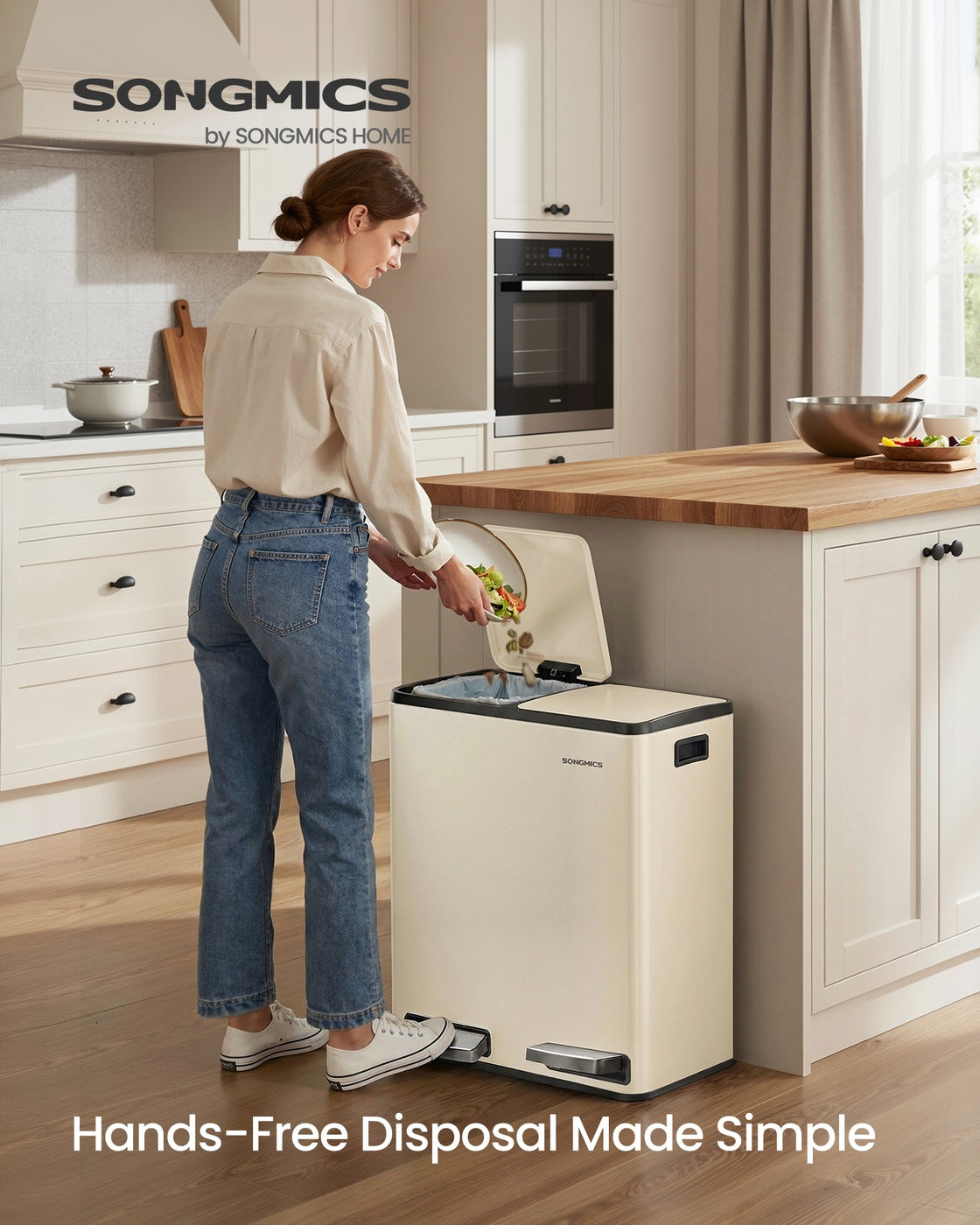 Double Compartment Stainless Steel Trash Can for Recycling - Almond