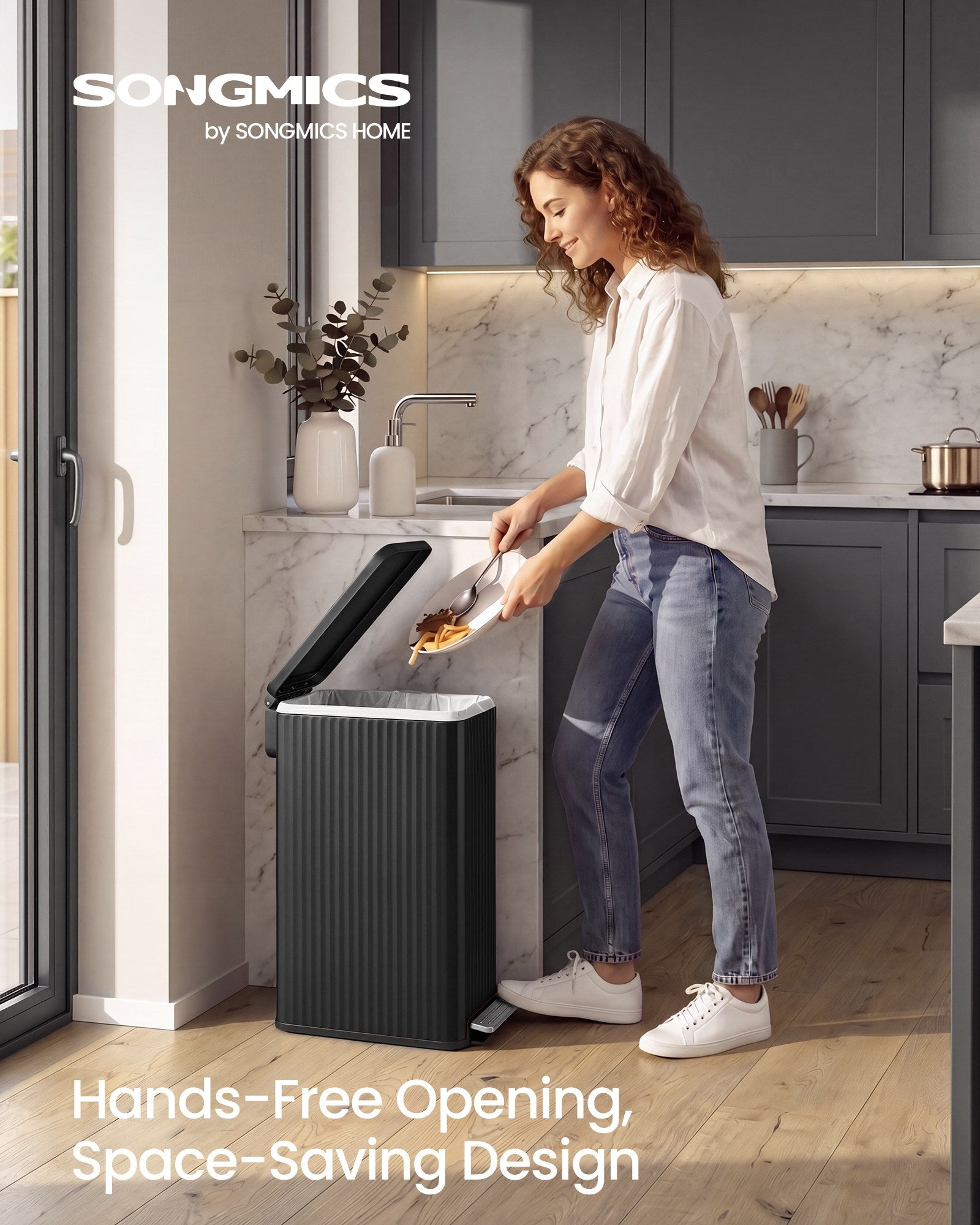 Slim Stainless Steel Trash Can with Lid for Kitchen - Black