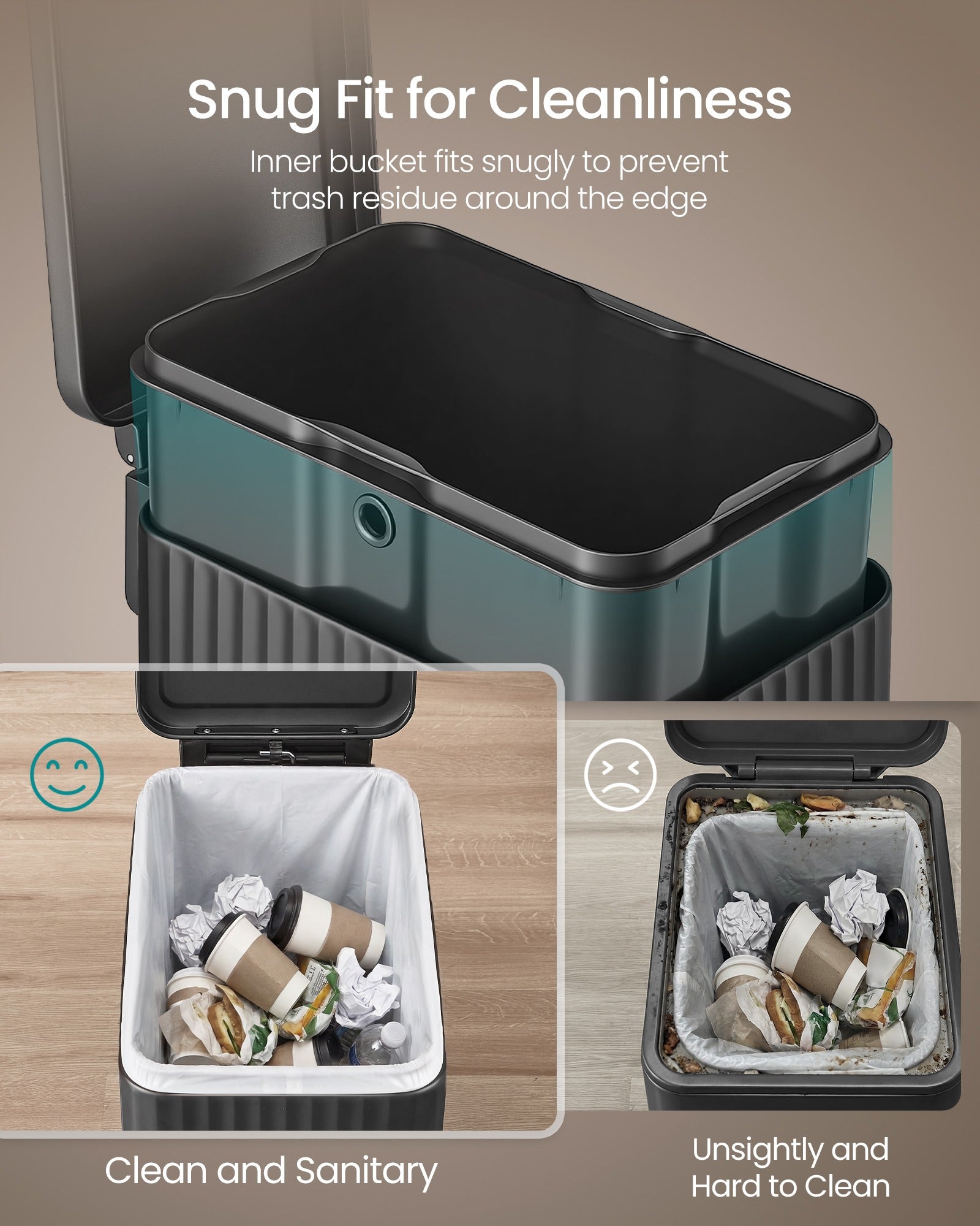 Slim Stainless Steel Trash Can with Lid for Kitchen - Black