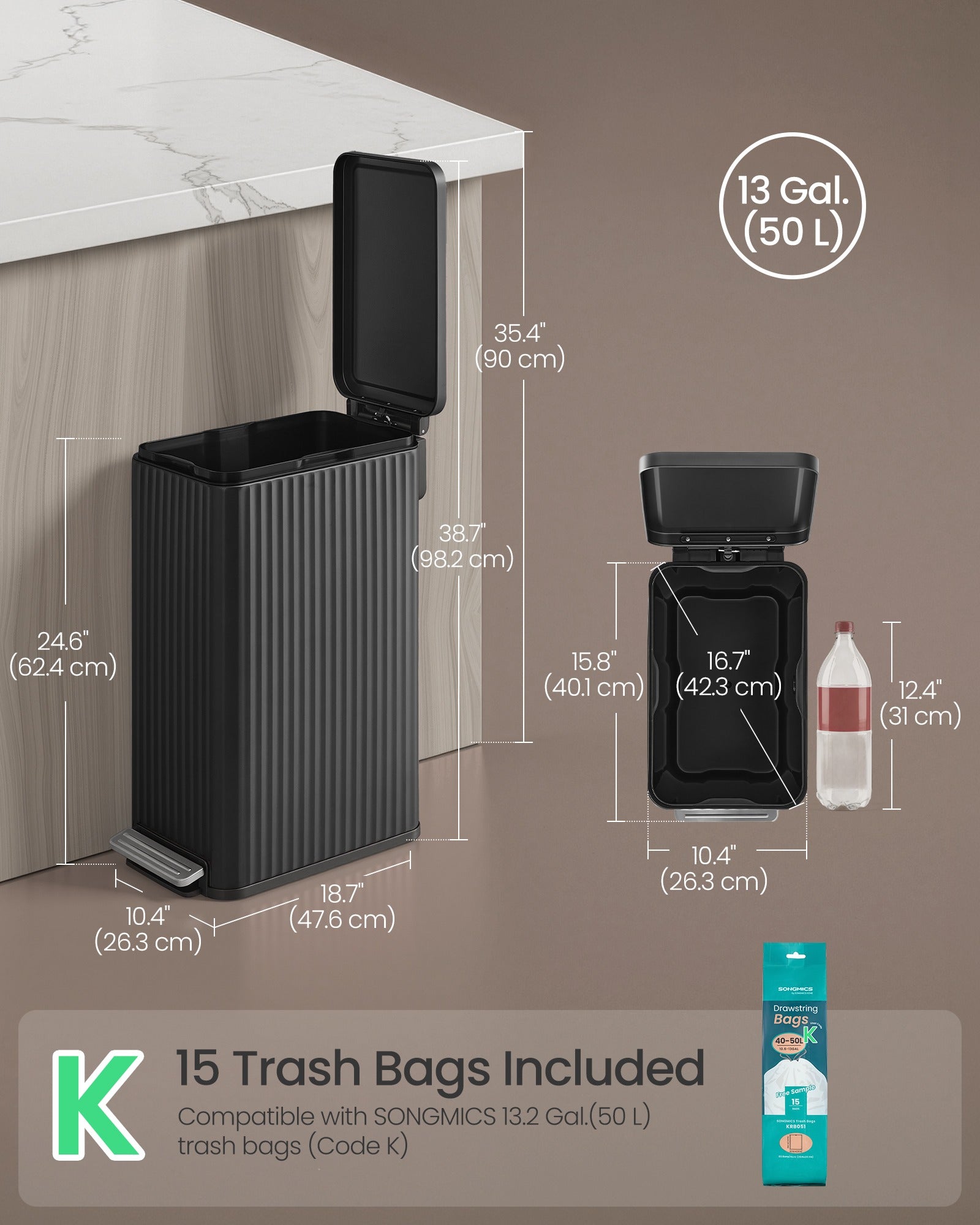 Slim Stainless Steel Trash Can with Lid for Kitchen - Black