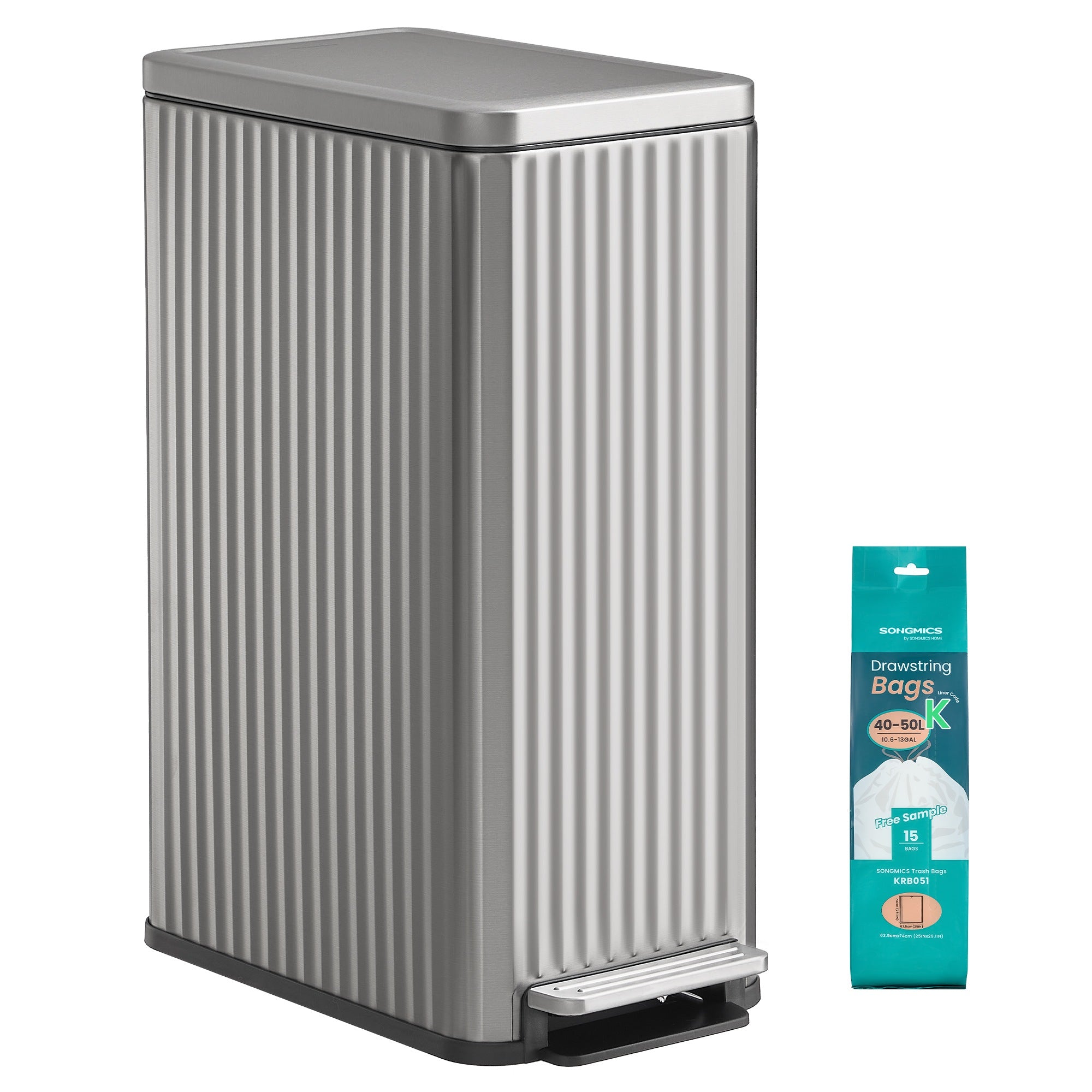 Slim Stainless Steel Trash Can with Lid for Kitchen - Metallic Silver