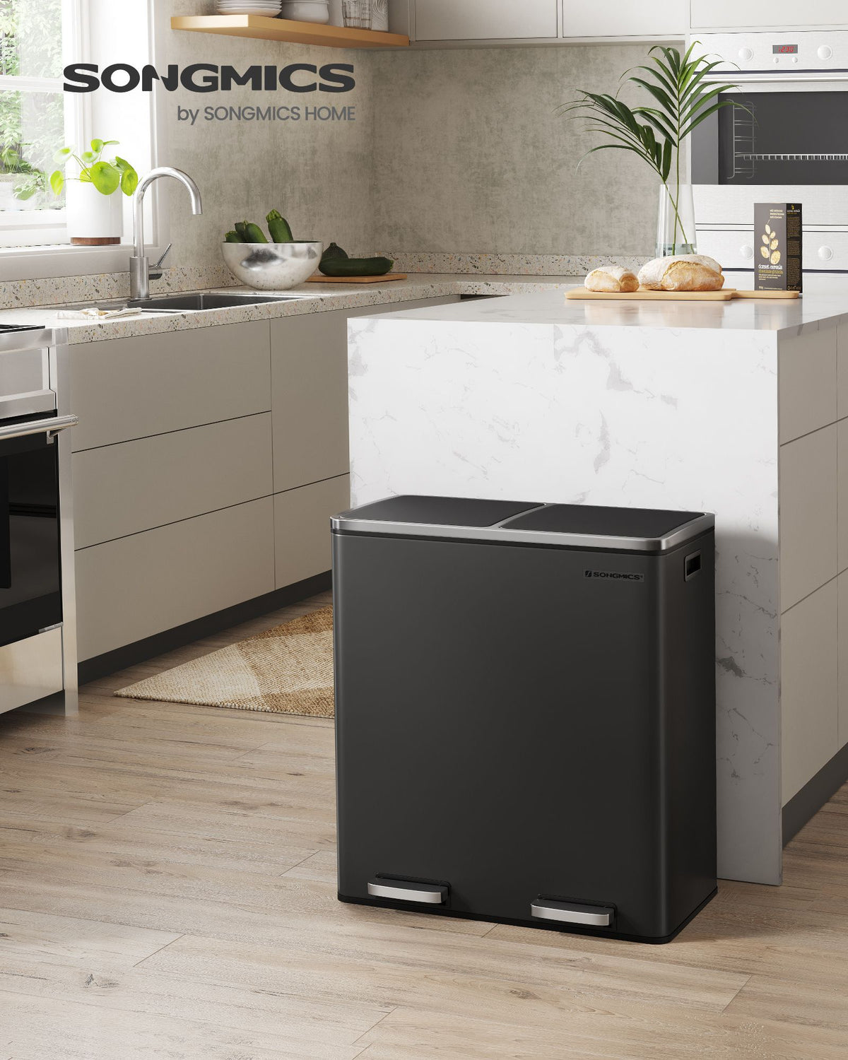 Kitchen Trash Can - Dual Compartment - 16-Gallon - Airtight Hinged Lids