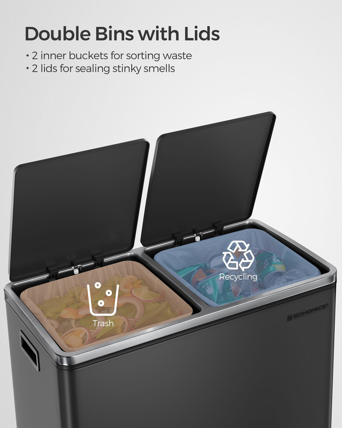 Kitchen Trash Can - Dual Compartment - 16-Gallon - Airtight Hinged Lids