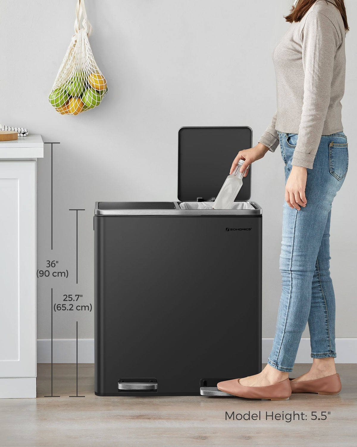 Kitchen Trash Can - Dual Compartment - 16-Gallon - Airtight Hinged Lids