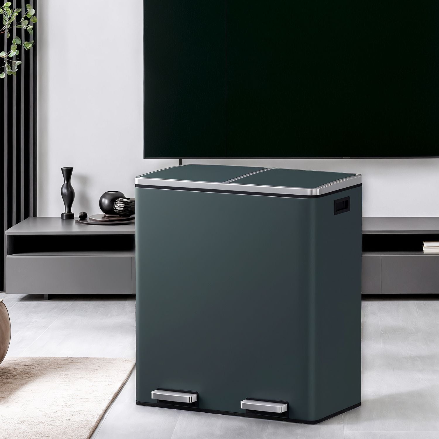 Dual Compartment Kitchen Trash Can with Airtight Hinged Lids - Greenish-Gray - 23.2”L x 14.4”W x 25.6”H