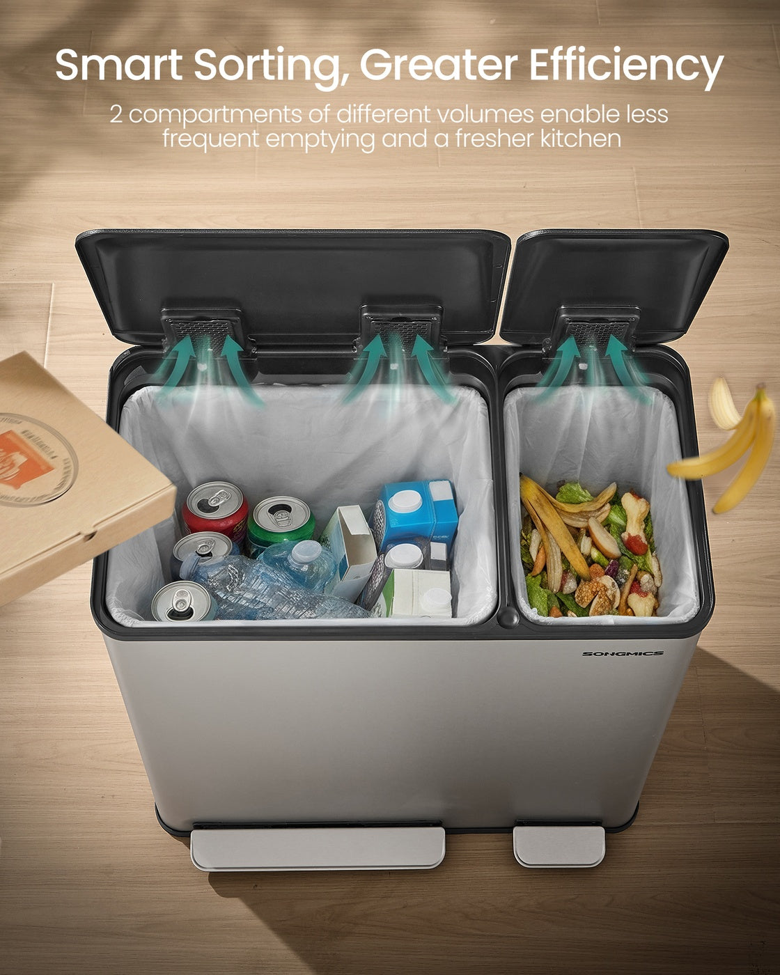 Dual-Compartment Trash Can - 13.2+5.3 Gallon - Soft-Close Lid - Stainless Steel - Silver - 15 Liners