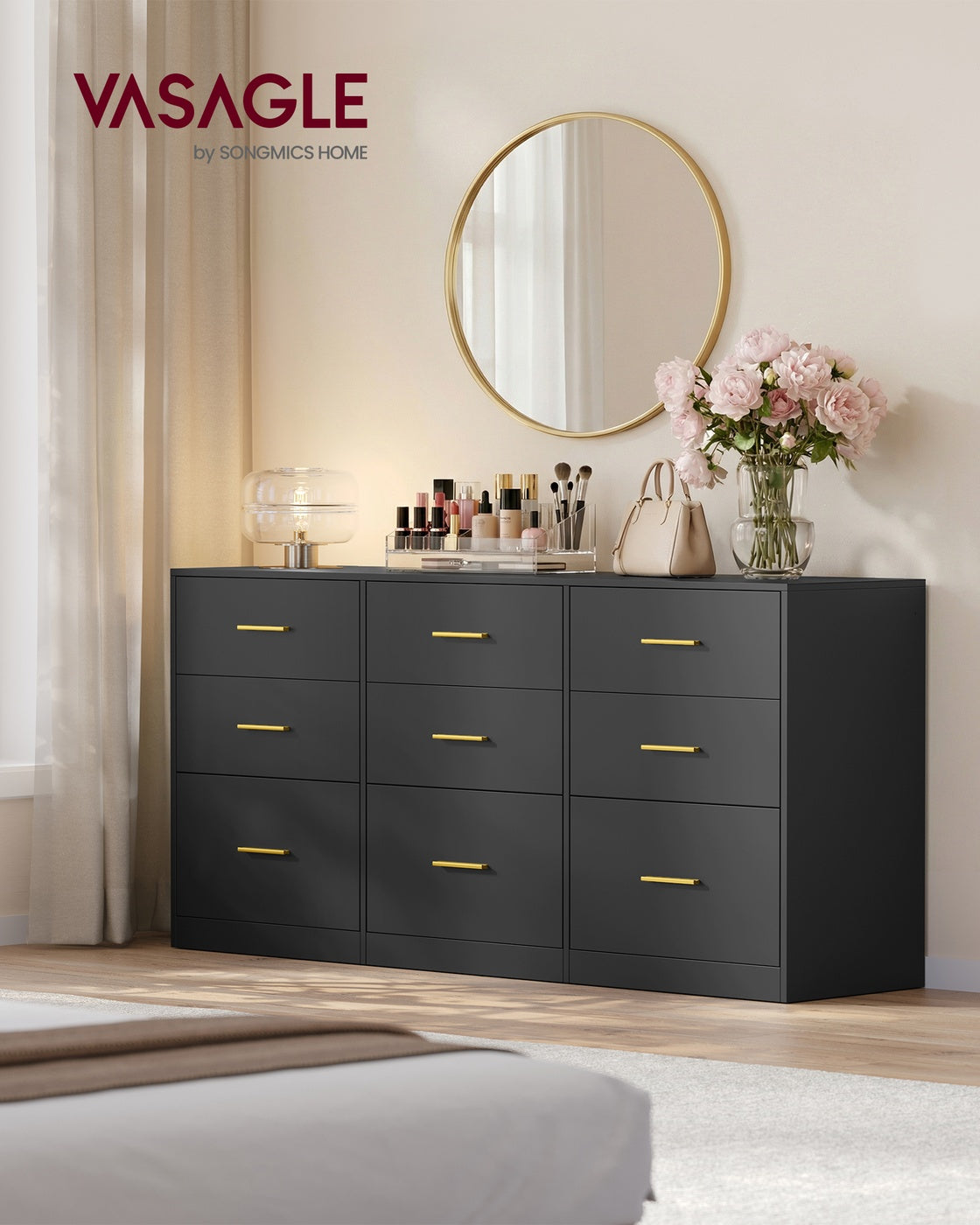 CUSTOS Collection - Dresser with 9 Drawers Ink Black - Matte White