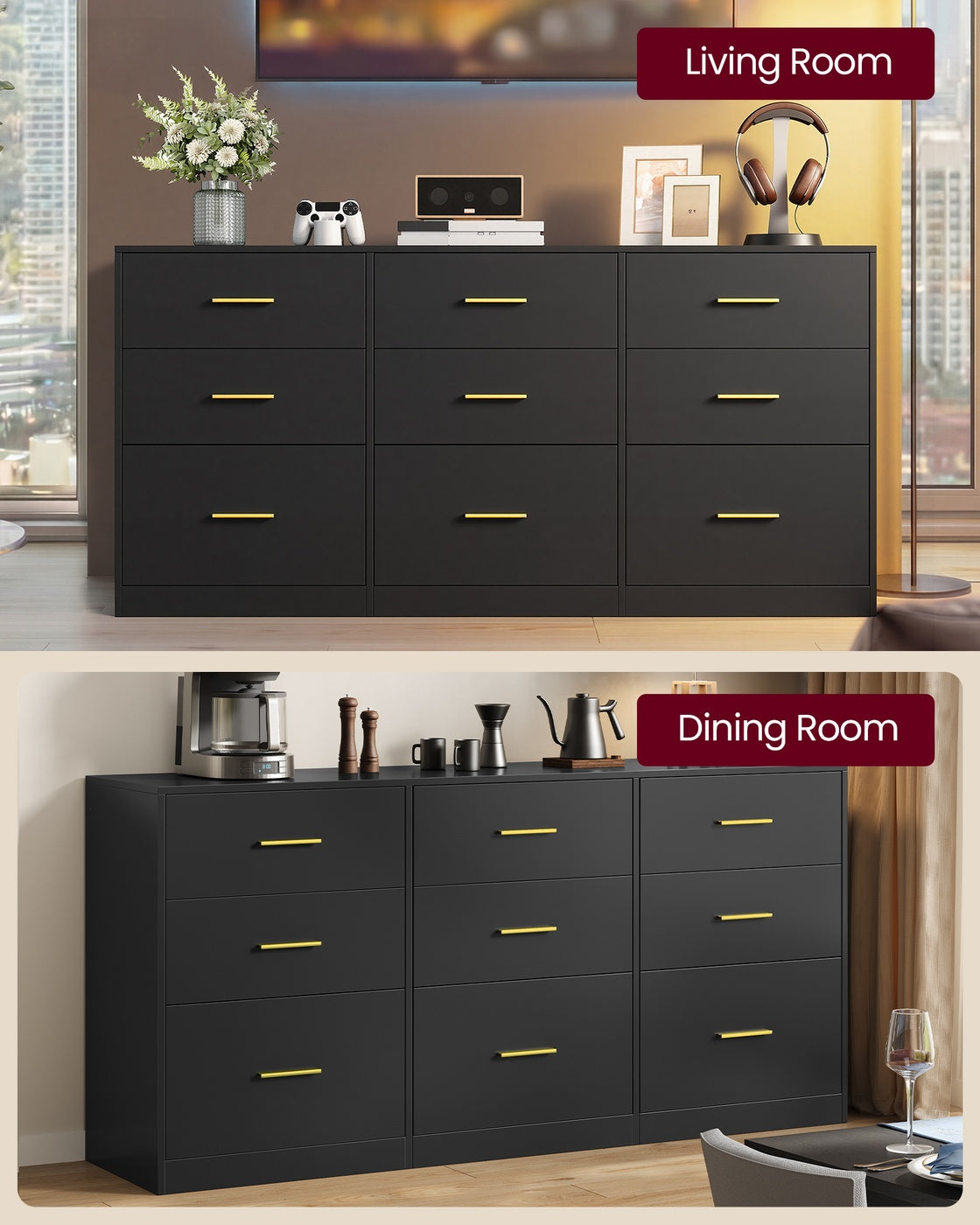 CUSTOS Collection - Dresser with 9 Drawers Ink Black - Matte White