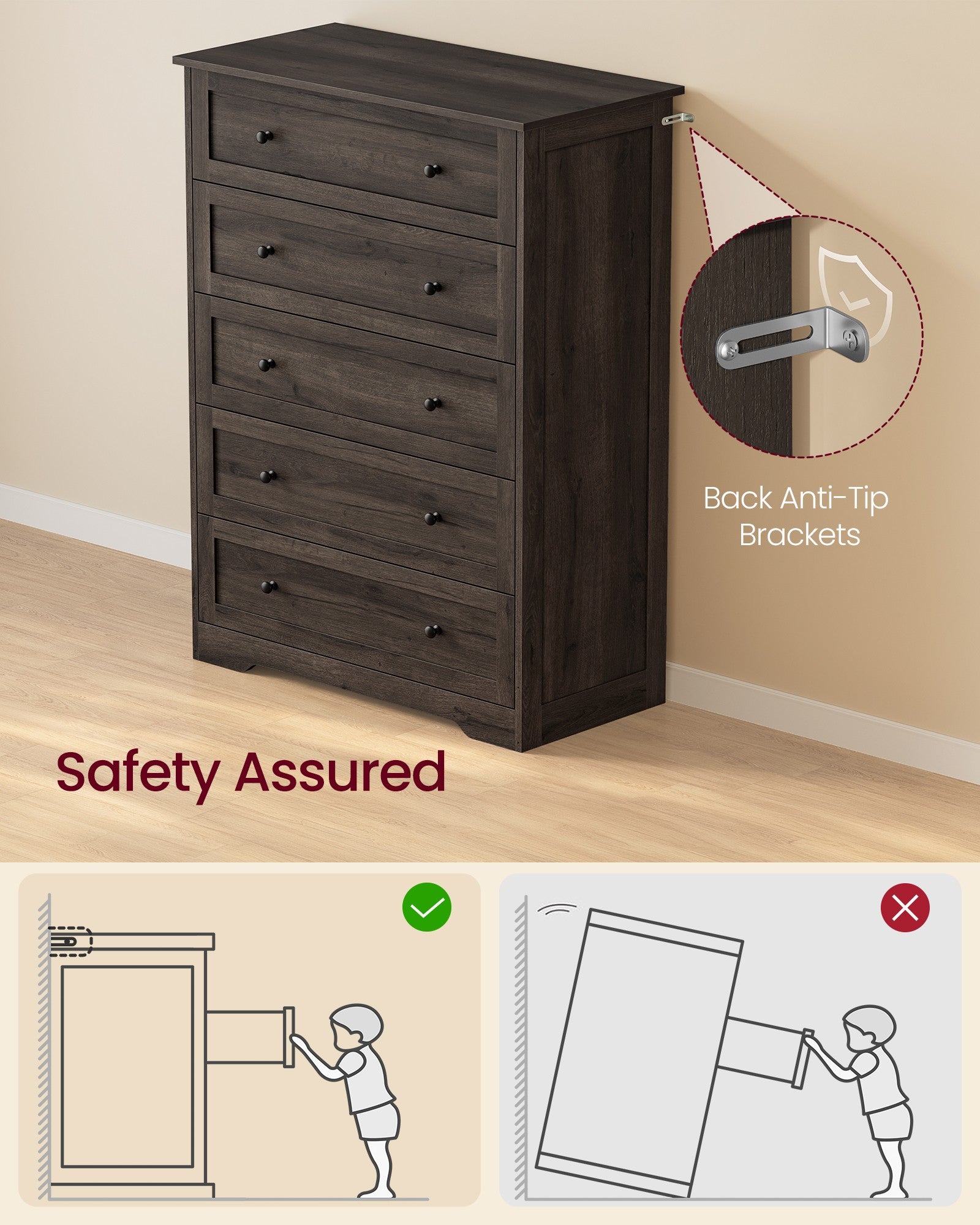 5-Drawer Dresser - Engineered Wood - 31.5"x15.7"x47.4" - Taupe Brown/Honey Brown - Taupe Brown, Honey Brown