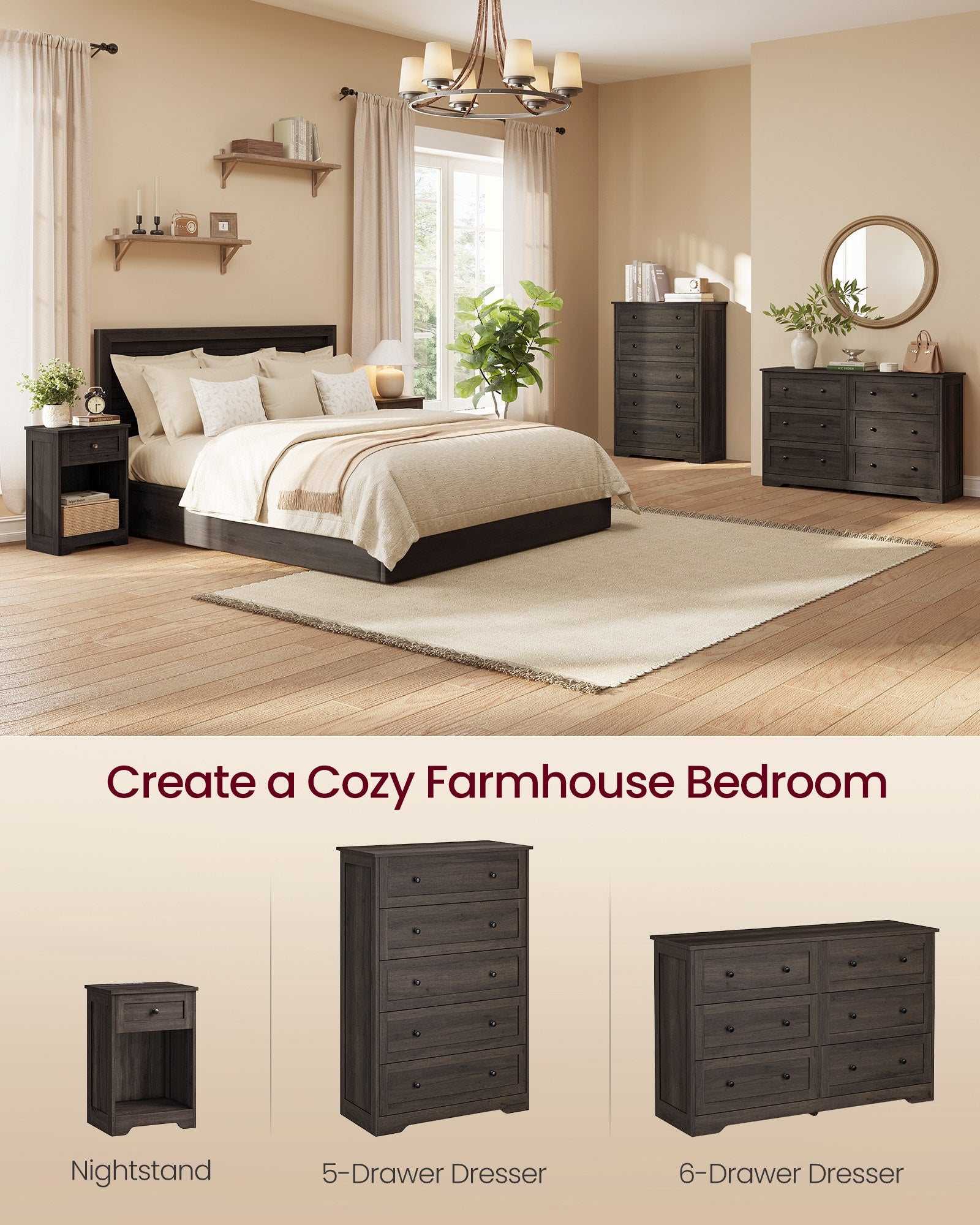 5-Drawer Dresser - Engineered Wood - 31.5"x15.7"x47.4" - Taupe Brown/Honey Brown - Taupe Brown, Honey Brown