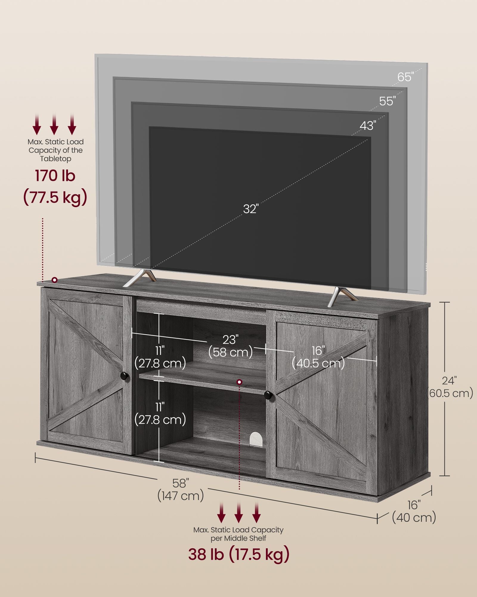 Farmhouse TV Stand for TVs Up to 65 Inches - Grey