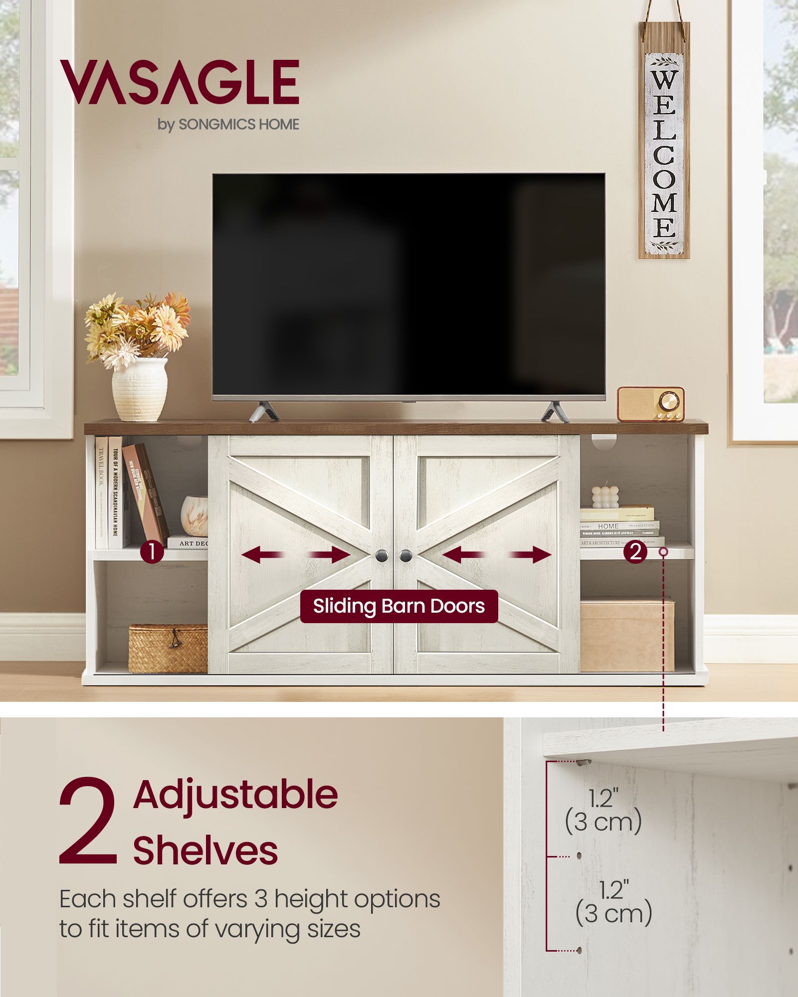 Farmhouse TV Stand for TVs Up to 65 Inches - Entertainment Center with Storage Cabinets and Sliding Barn Doors