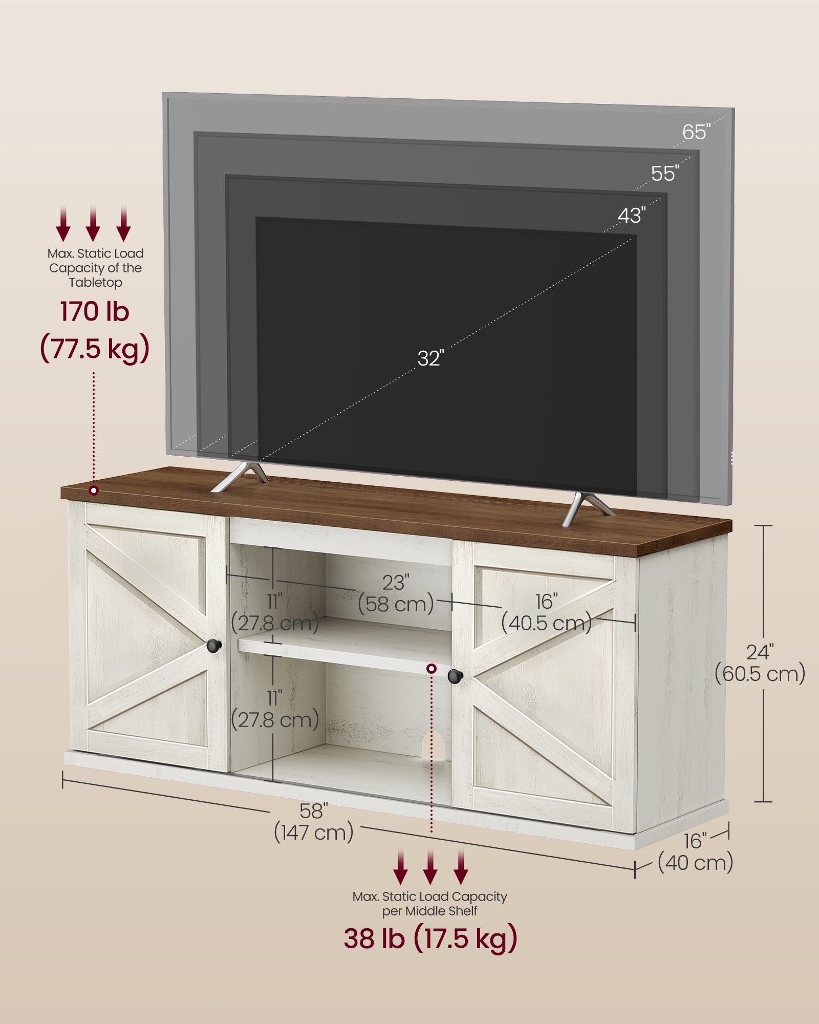 Farmhouse TV Stand for TVs Up to 65 Inches - Entertainment Center with Storage Cabinets and Sliding Barn Doors
