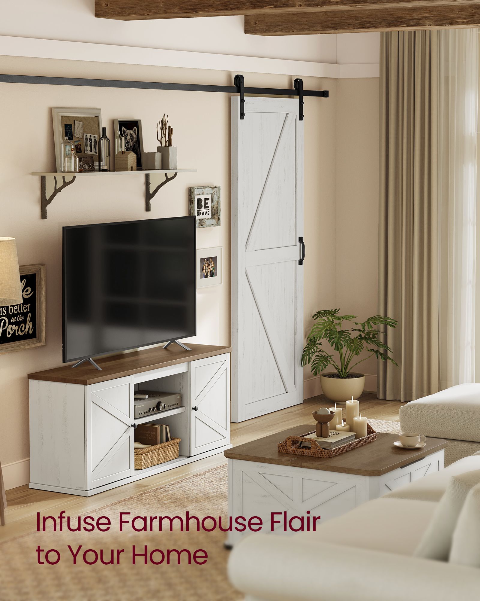Farmhouse TV Stand for TVs Up to 65 Inches - Entertainment Center with Storage Cabinets and Sliding Barn Doors