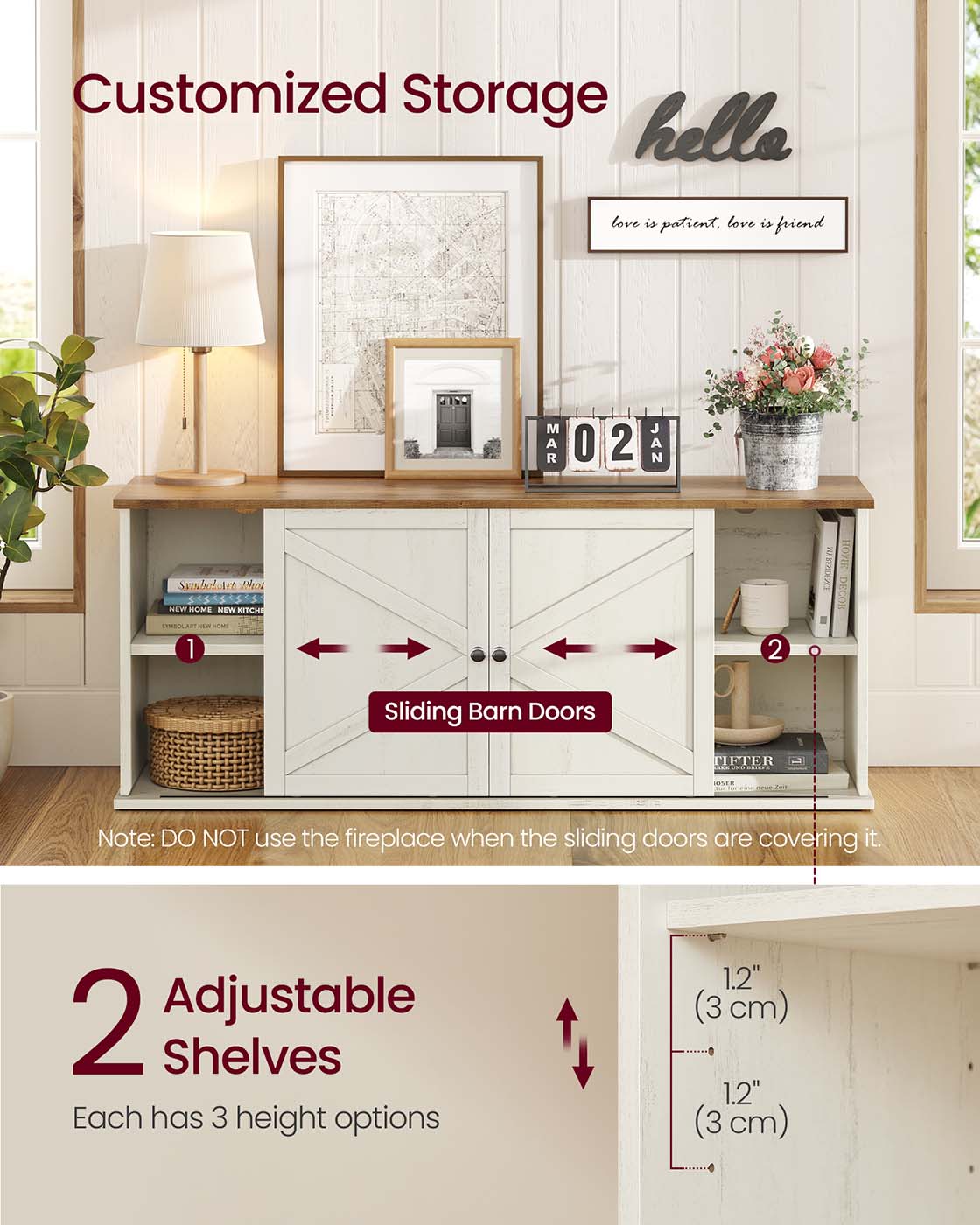 Farmhouse TV Stand with Storage Cabinets and Sliding Barn Doors - Rustic White, Honey Brown
