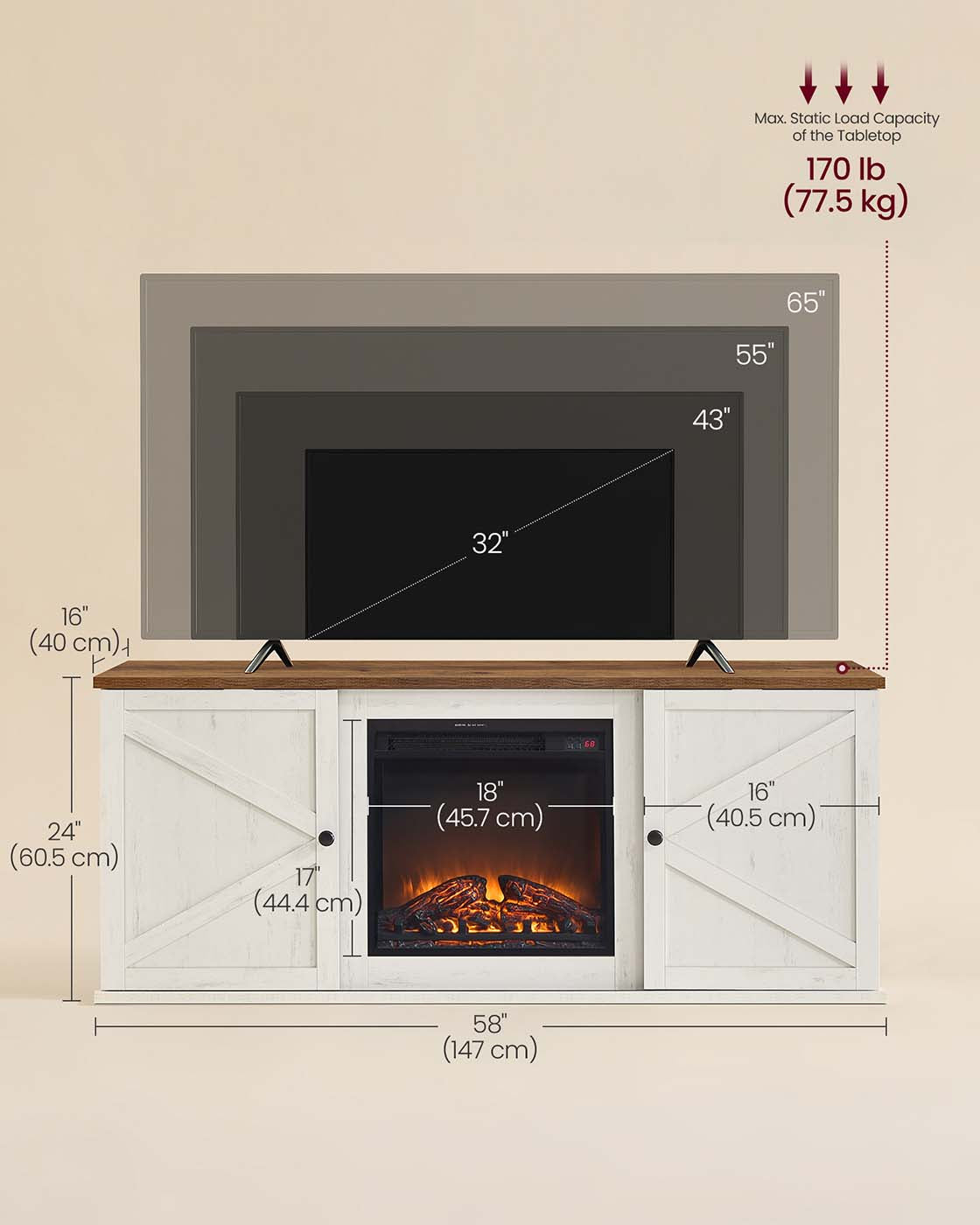 Farmhouse TV Stand with Storage Cabinets and Sliding Barn Doors - Rustic White, Honey Brown