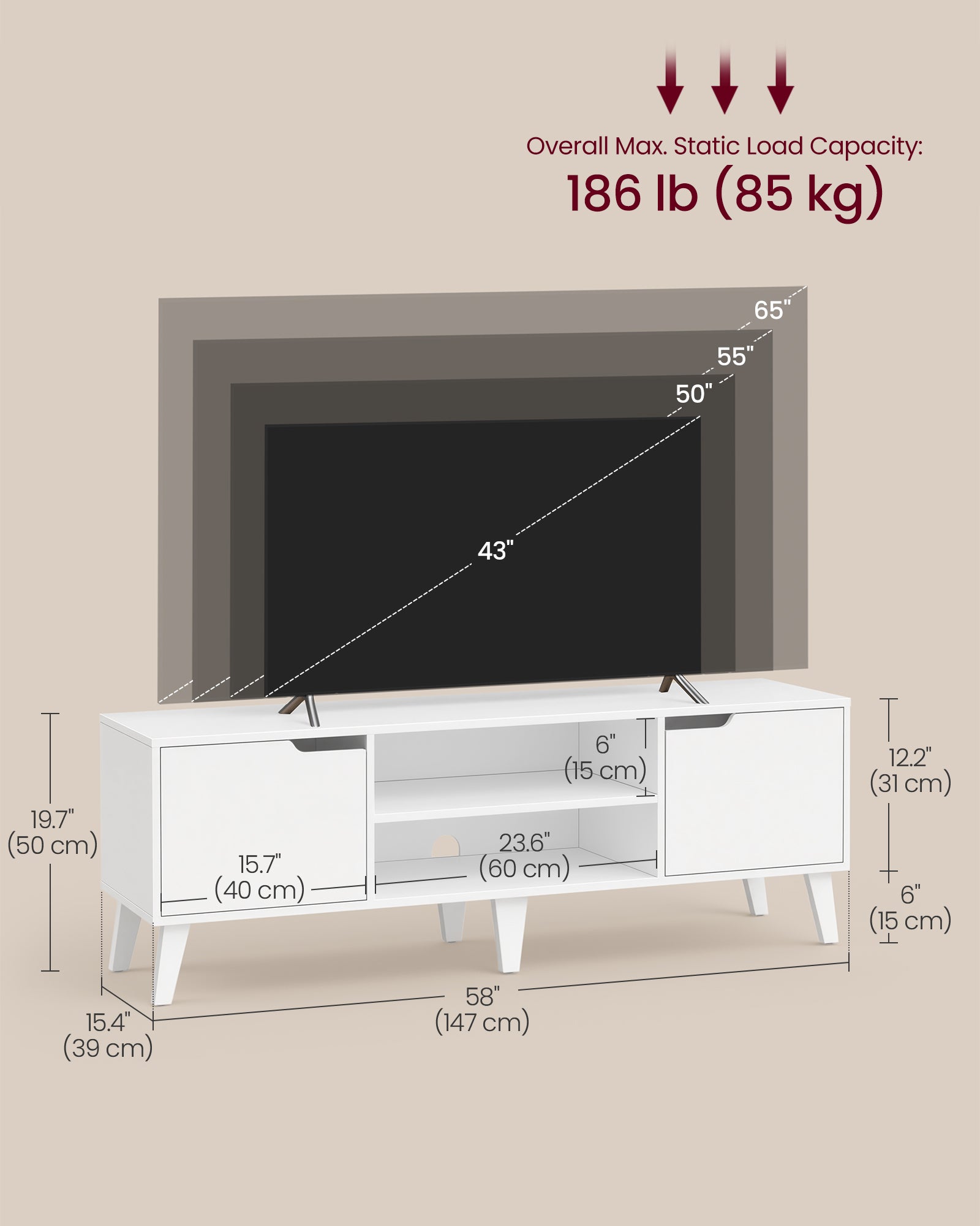 Stand for 65-Inch TVs - Entertainment Center with Adjustable Shelf - 58-Inch Long Media Console Table - Transitional Style - for Living Room - Bedroom - White ULTV556W101S