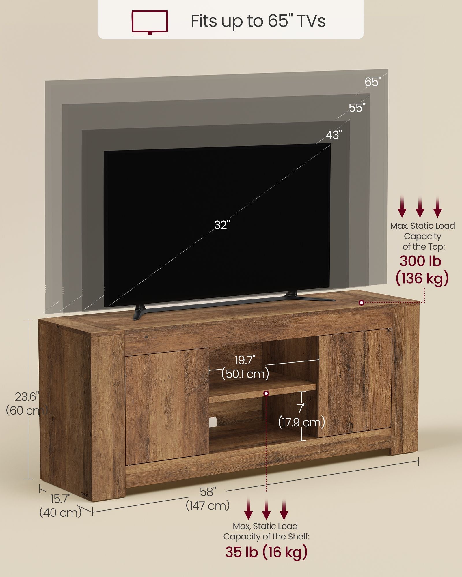 TV Stand - Farmhouse Entertainment Center with Storage Cabinets - Media Console Table for Living Room - Honey Brown